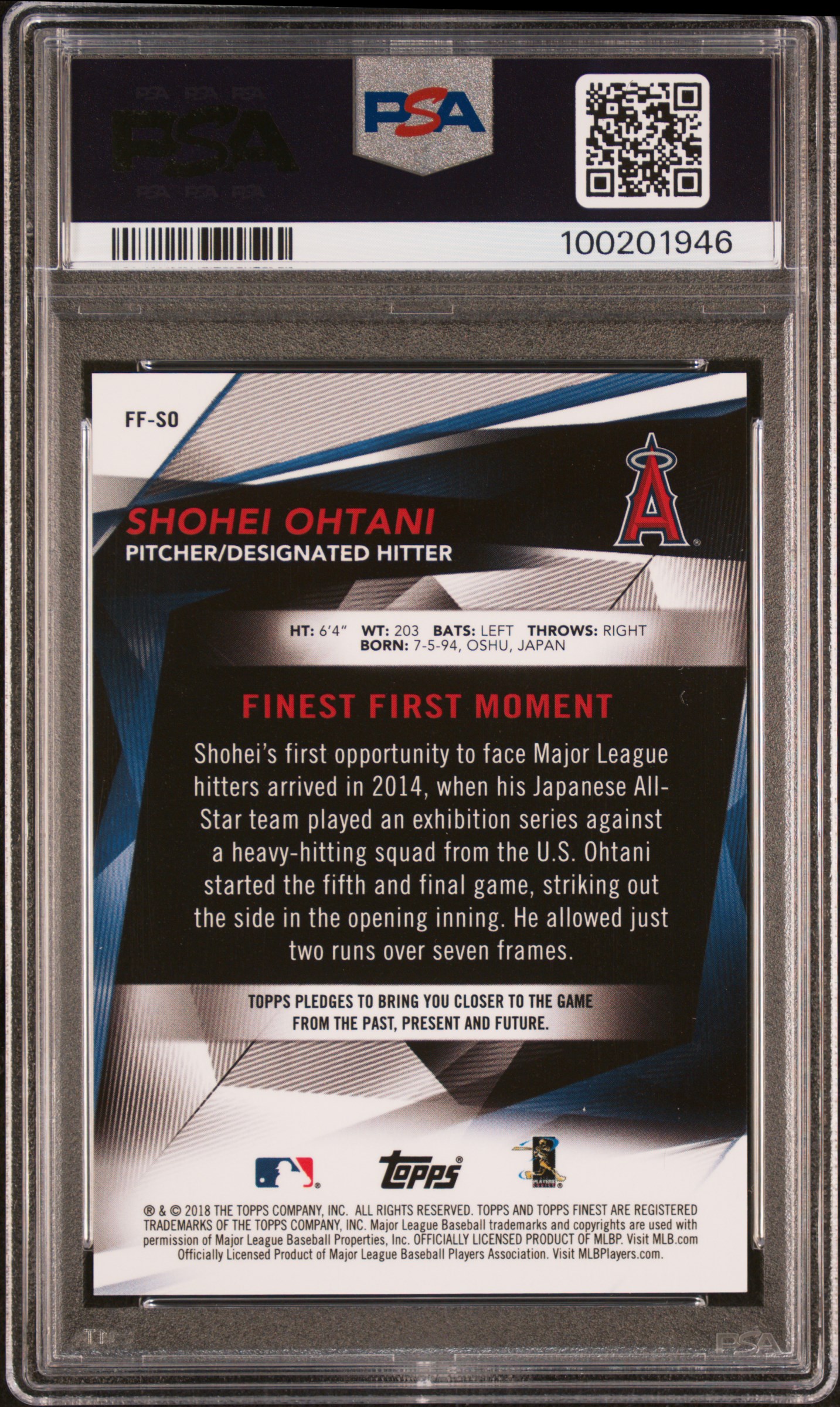 2018 Finest Finest Firsts Shohei Ohtani #Ff-So (Finest Firsts) Gem Mt 10 back