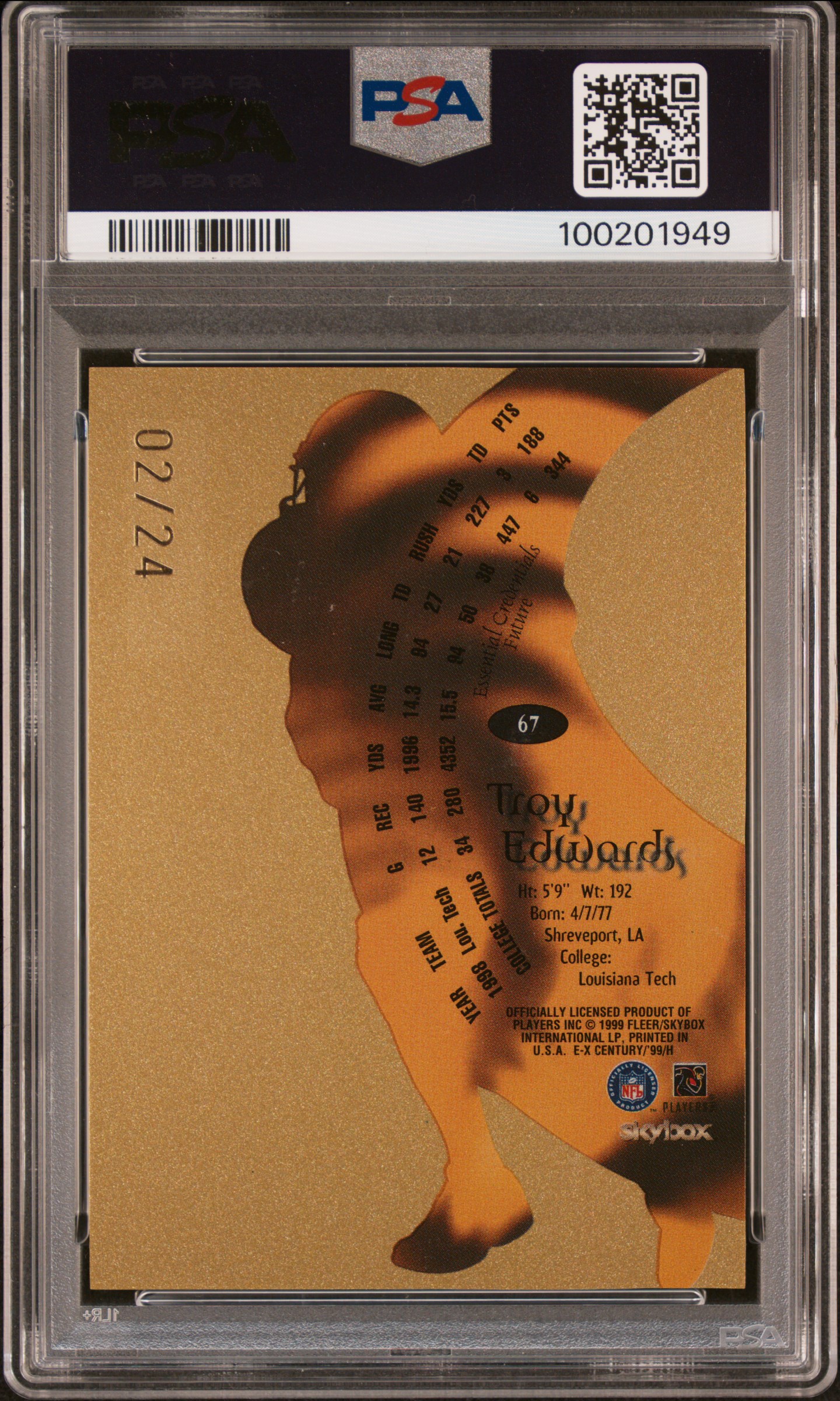 1999 Skybox E-X Century Troy Edwards #67 (Essential Credentials Future) Ex-Mt 6 back