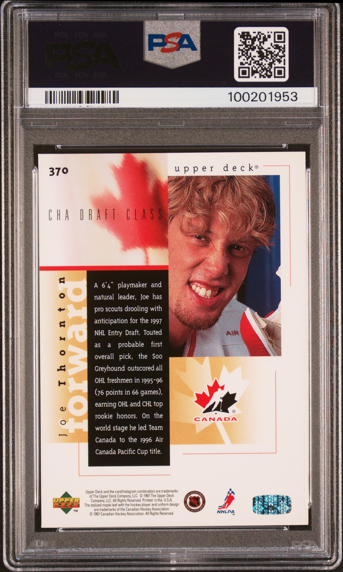 1996 Upper Deck Joe Thornton #370 Mint 9 back