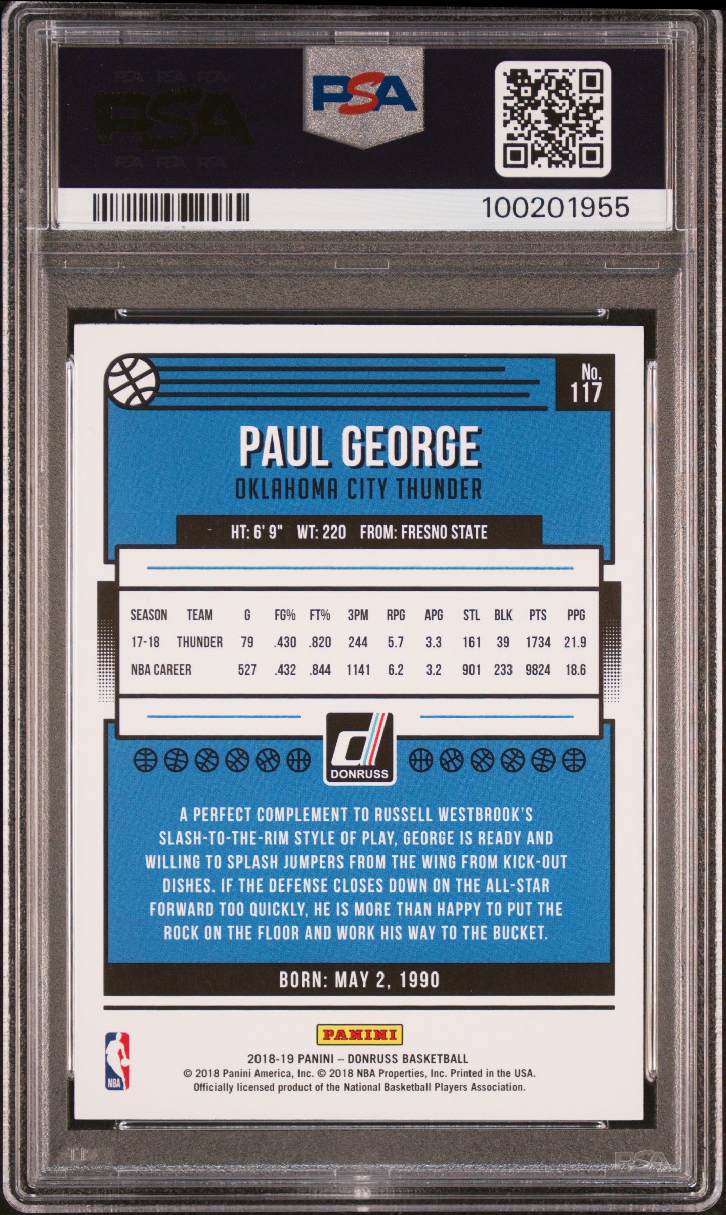 2018 Panini Donruss Paul George #117 (Yellow Laser) Gem Mt 10 back