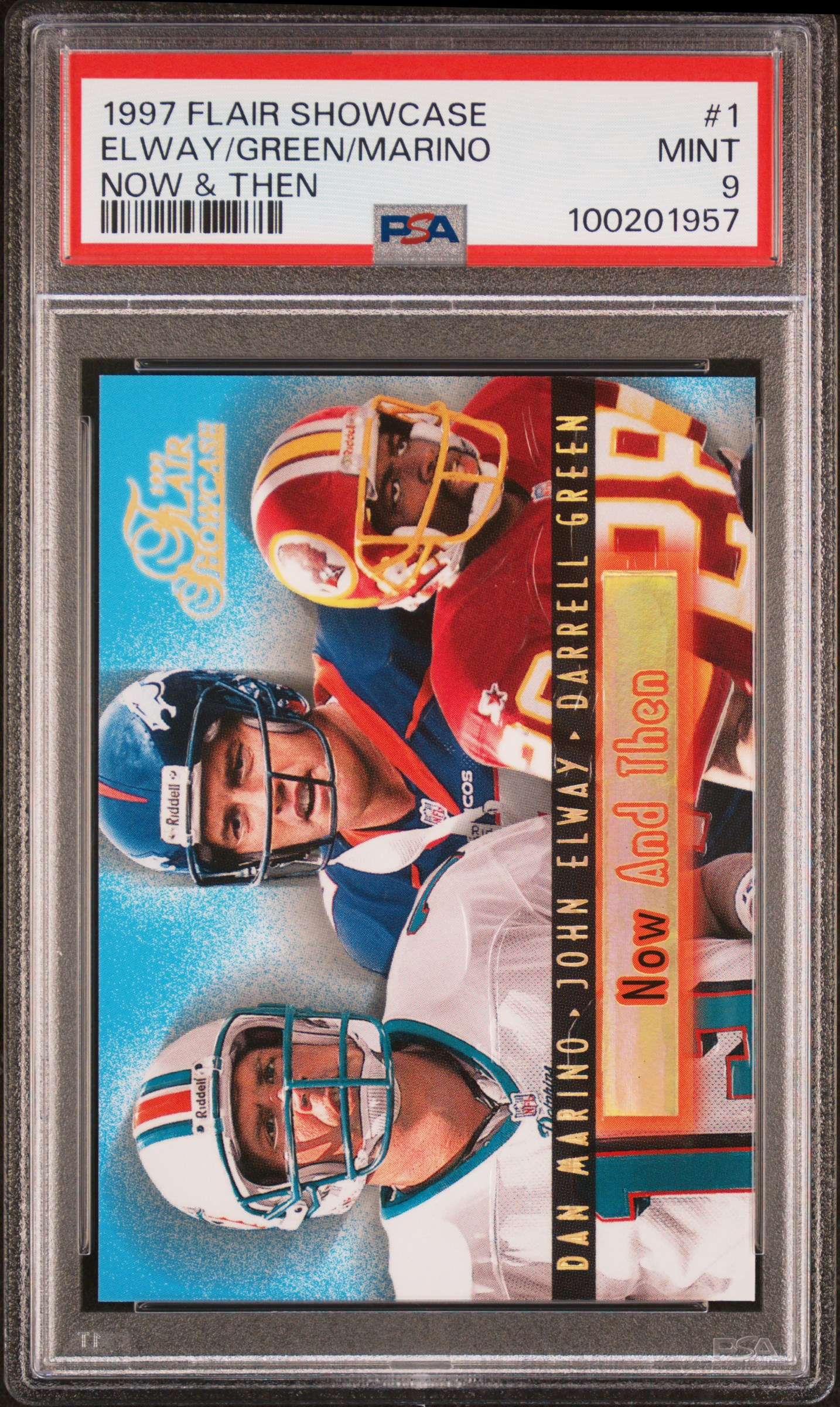 1997 Flair Showcase Now & Then Elway/Green/Marino #1 (Now & Then) Mint 9 front