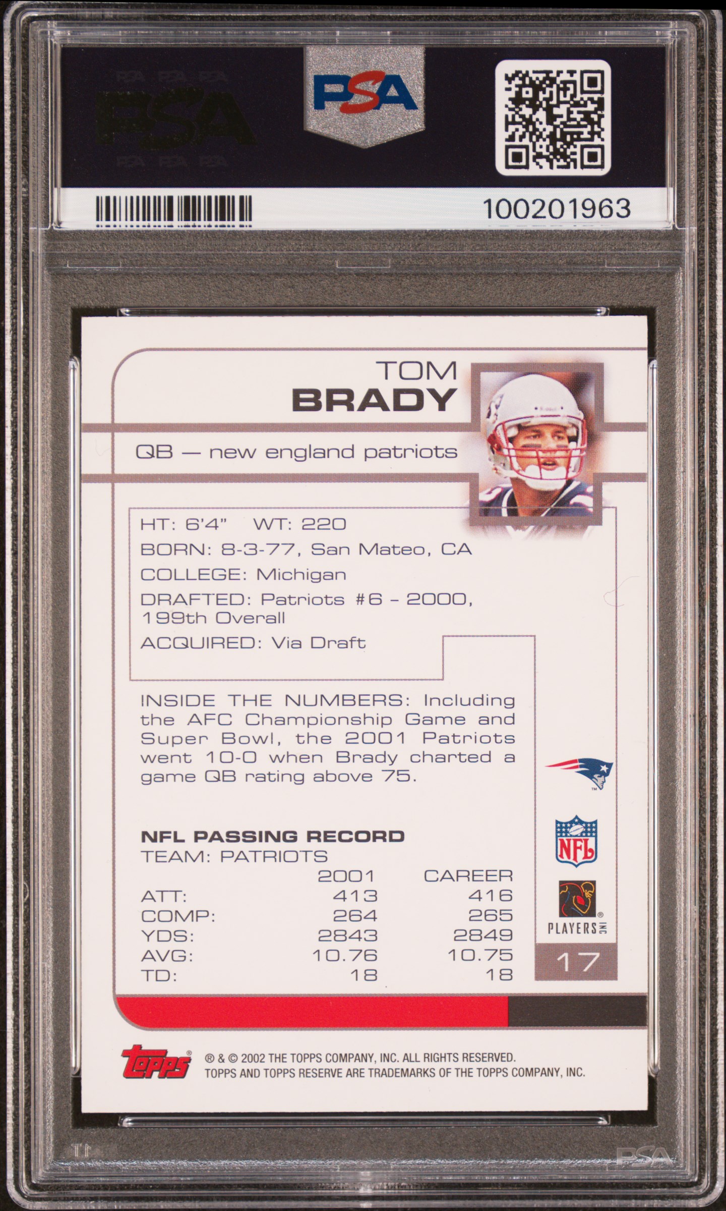 2002 Topps Reserve Tom Brady #17 Nm-Mt 8 back