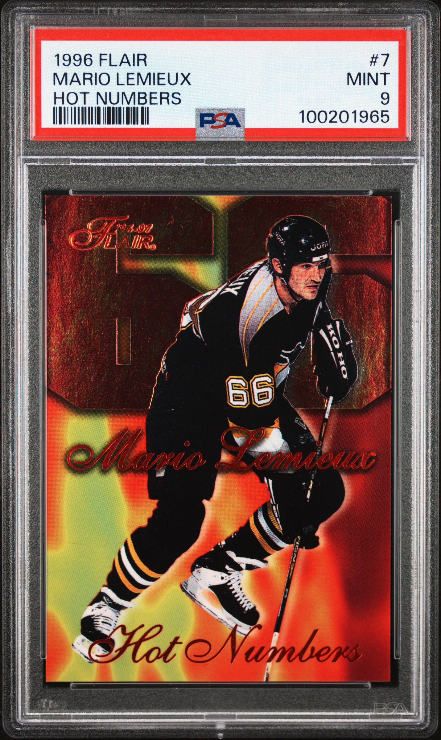 1996 Flair Hot Numbers Mario Lemieux #7 (Hot Numbers) Mint 9 front