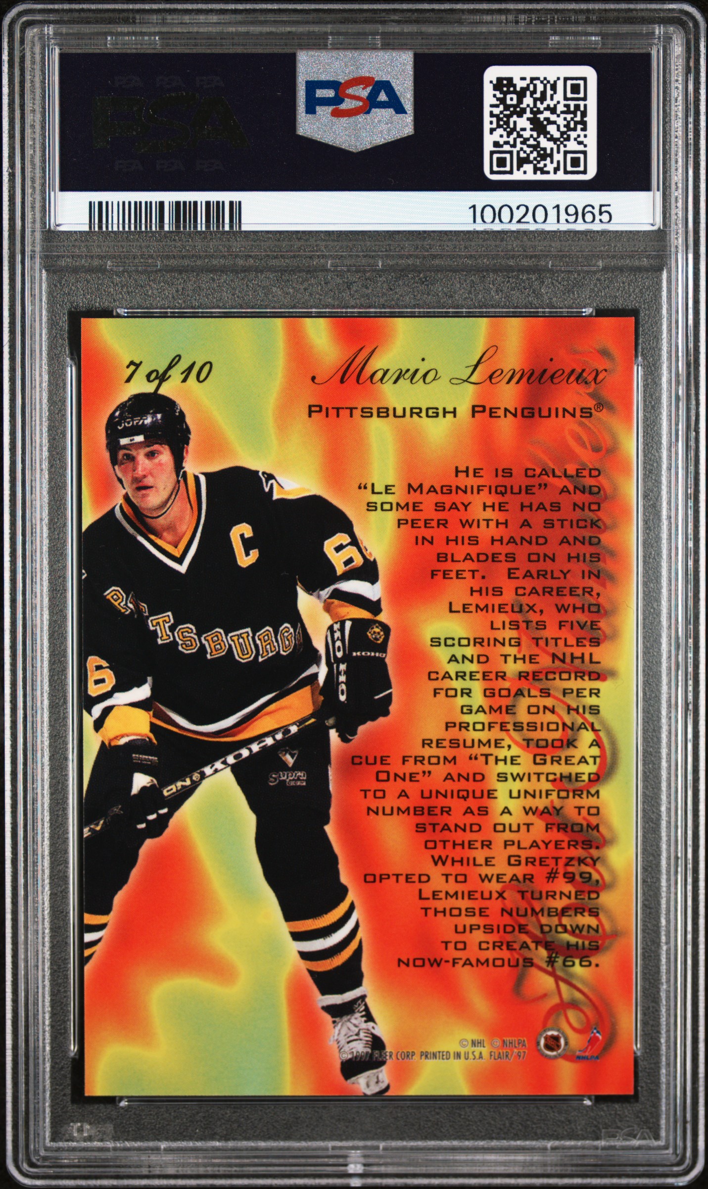 1996 Flair Hot Numbers Mario Lemieux #7 (Hot Numbers) Mint 9 back