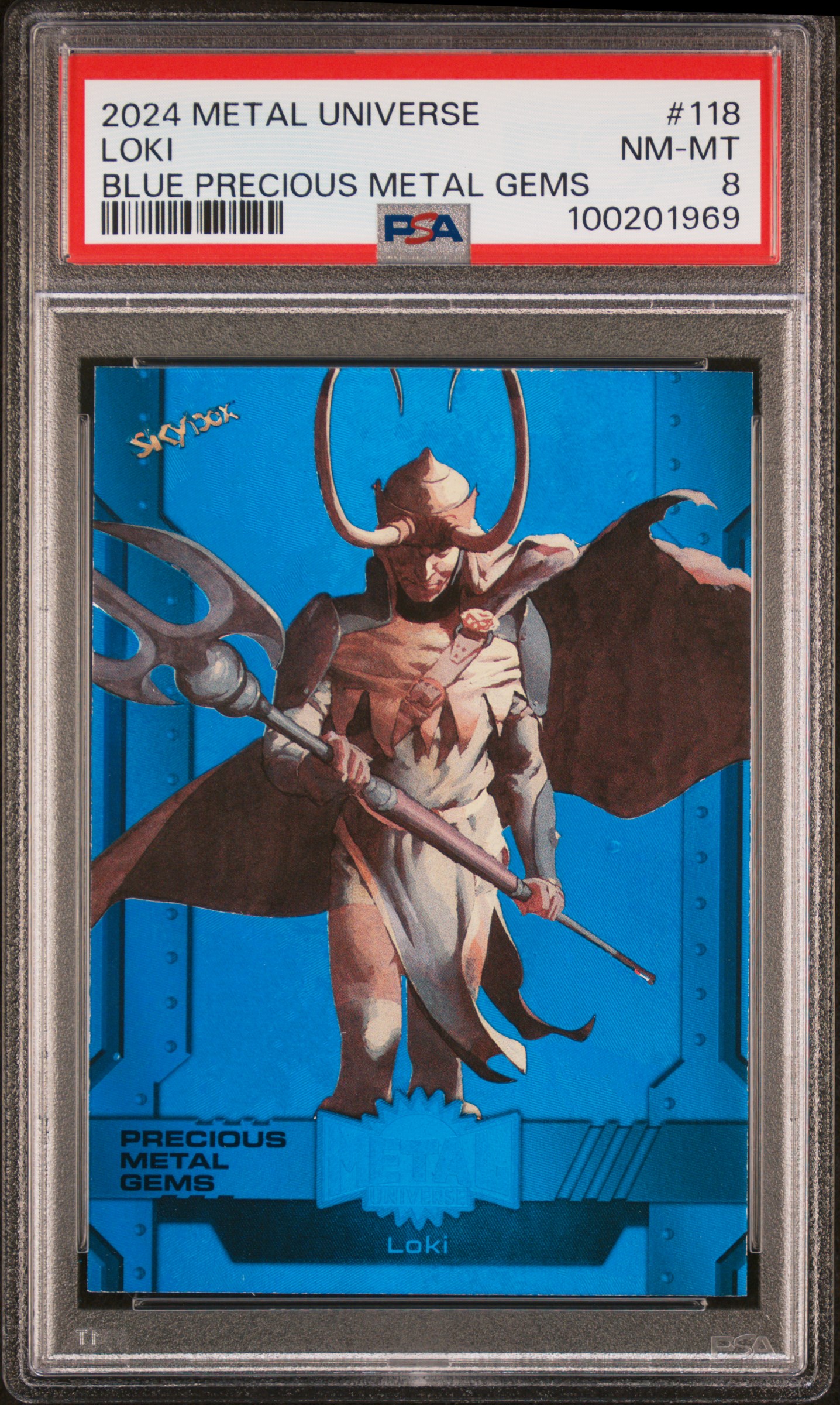 2024 Skybox Metal Universe Avengers Loki #118 (Blue Precious Metal Gems) Nm-Mt 8 front