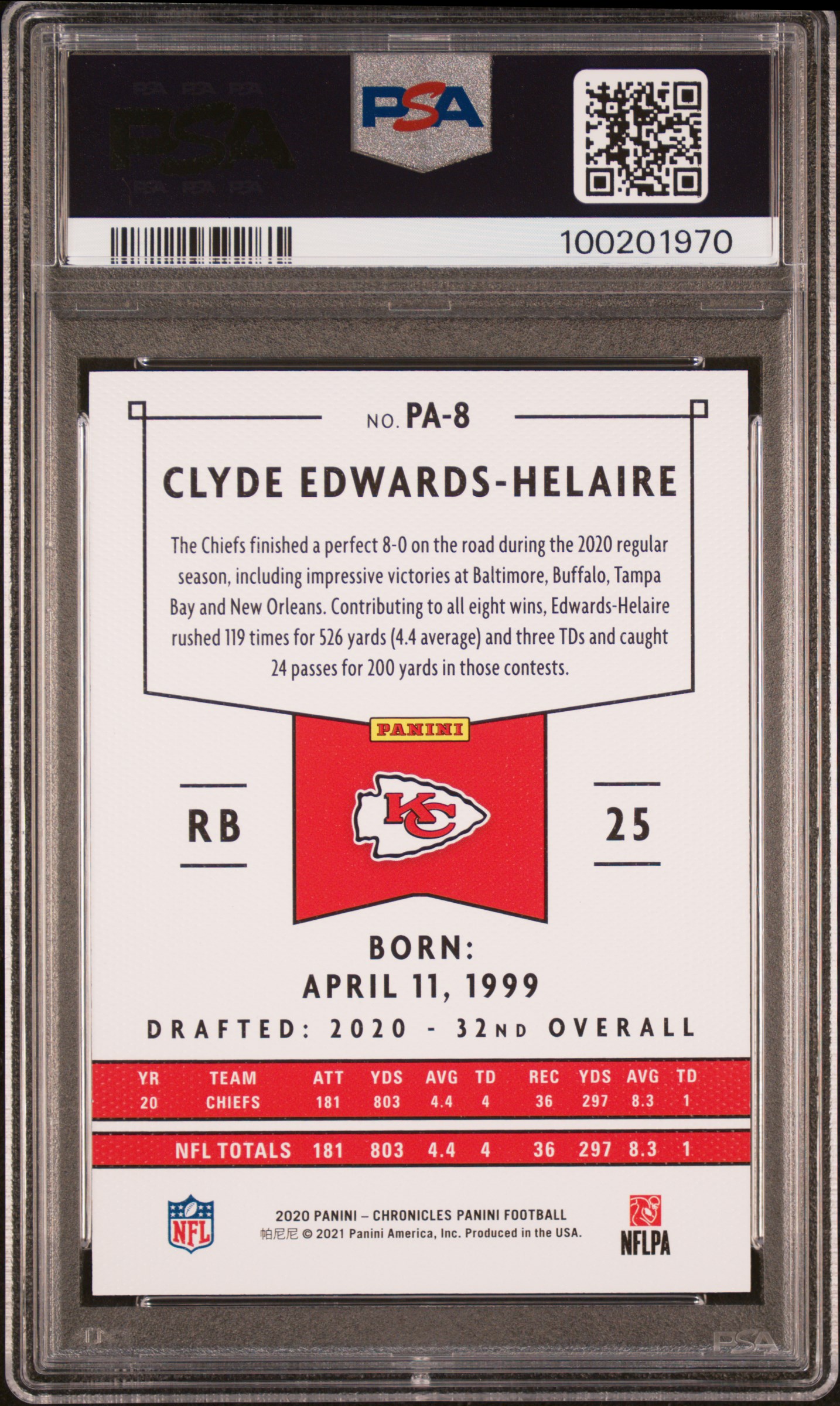 2020 Panini Chronicles Panini C.edwards-Helaire #Pa8 (Panini-Gold) Gem Mt 10 back