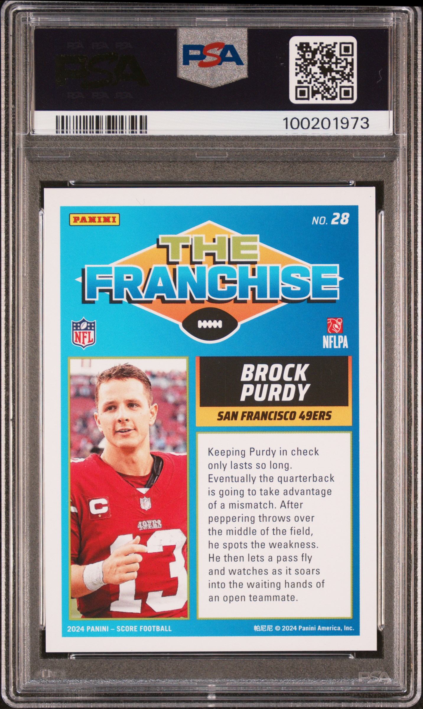 2024 Panini Score The Franchise Brock Purdy #28 (The Franchise-First Down) Mint 9 back