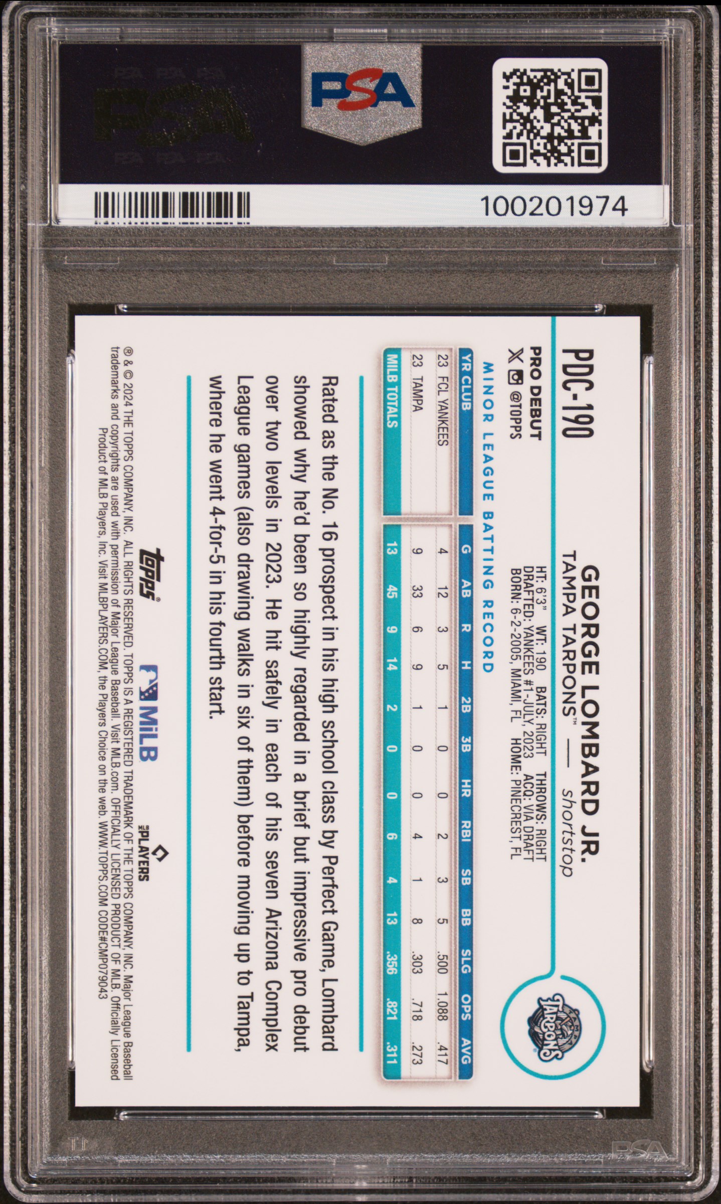 2024 Topps Pro Debut George Lombard Jr. #Pdc190 (Chrome-Red Mini Diamond Ref) Gem Mt 10 back