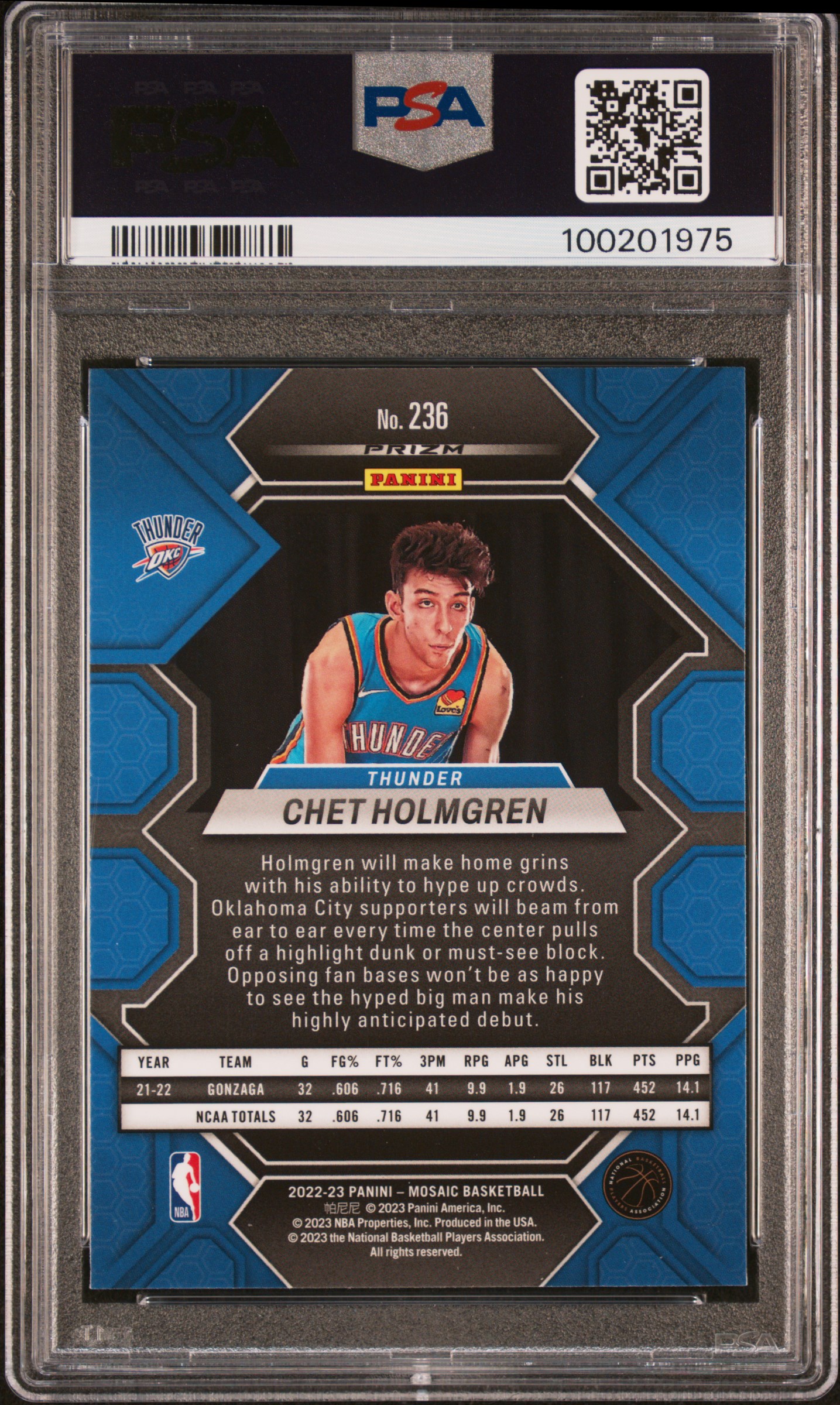 2022 Panini Mosaic Chet Holmgren #236 (Green) Gem Mt 10 back