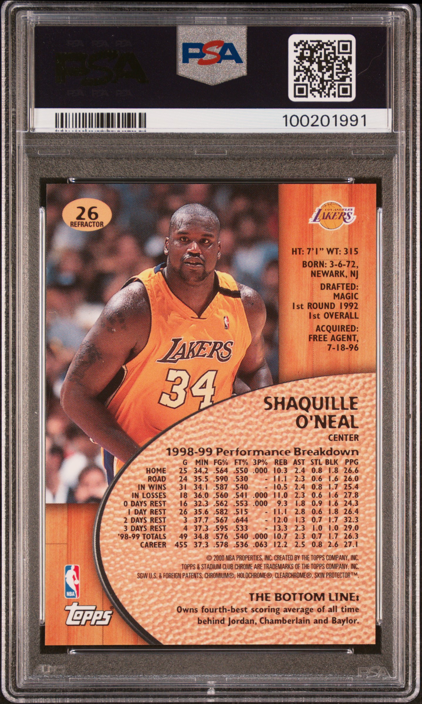 1999 Stadium Club Chrome Shaquille O'neal #26 (Refractor) Nm 7 back
