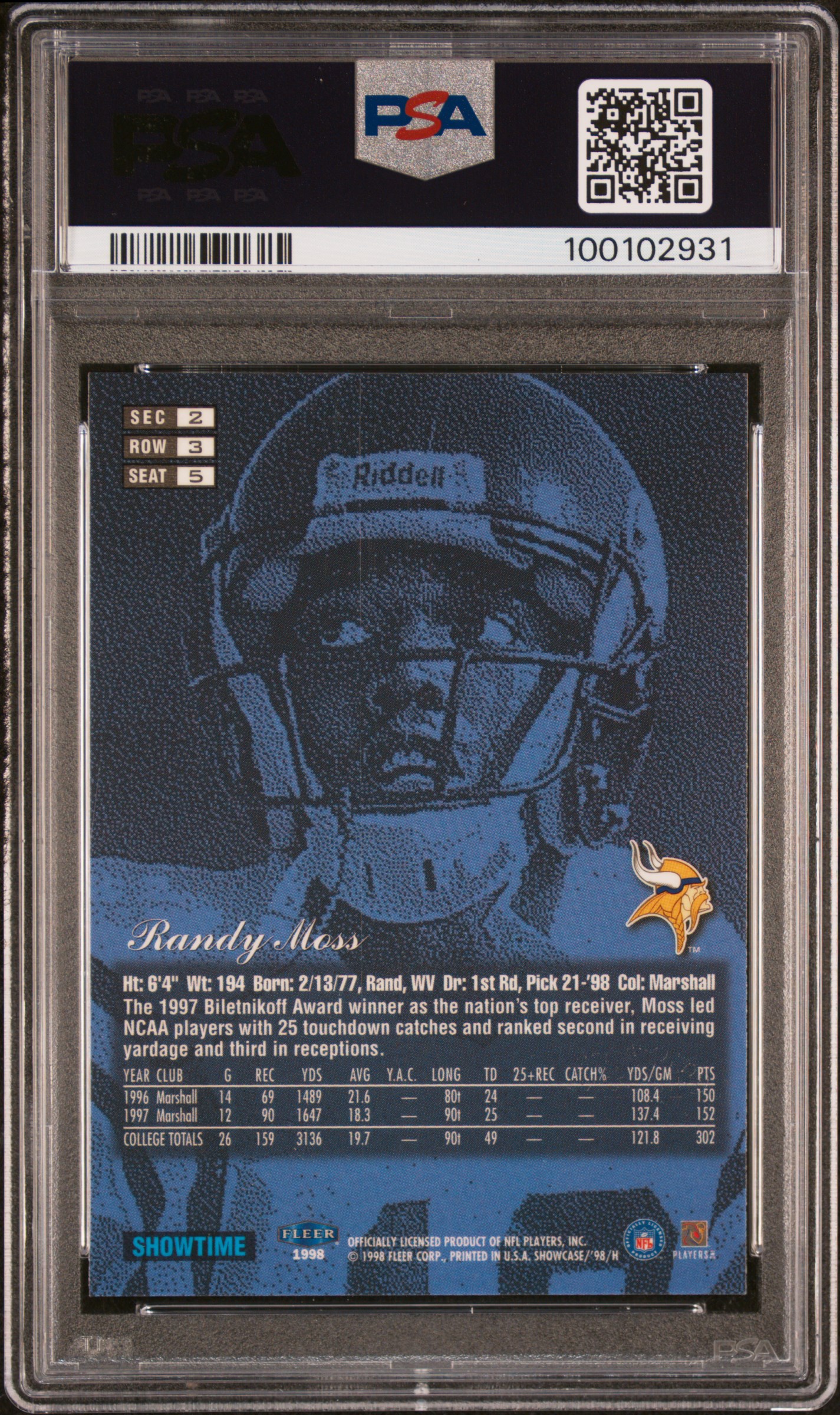 1998 Flair Showcase Randy Moss #5 (Row 3) Mint 9 back