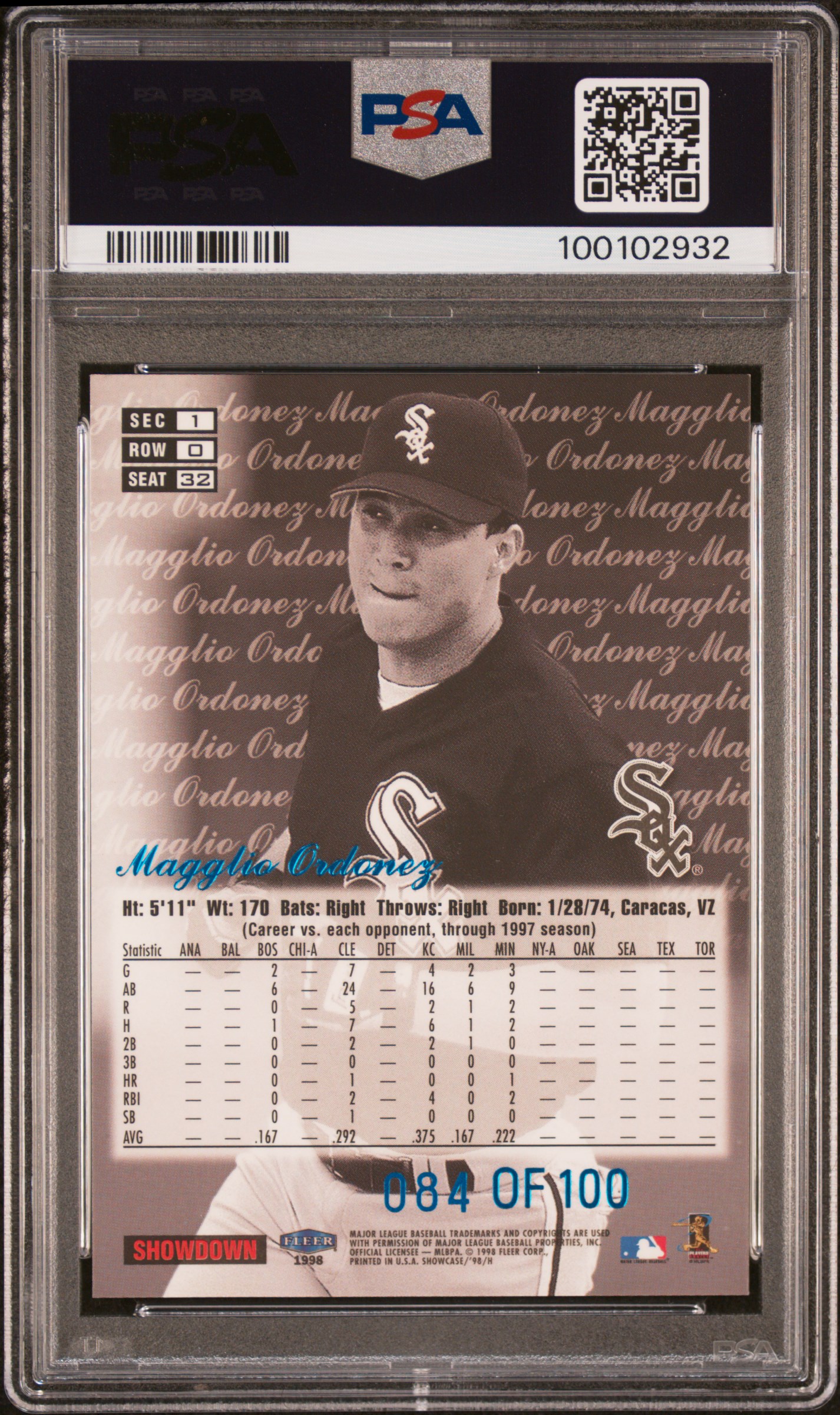 1998 Flair Showcase Legacy Collection Magglio Ordonez #32 (Legacy Collection-Row 0) Nm-Mt 8 back