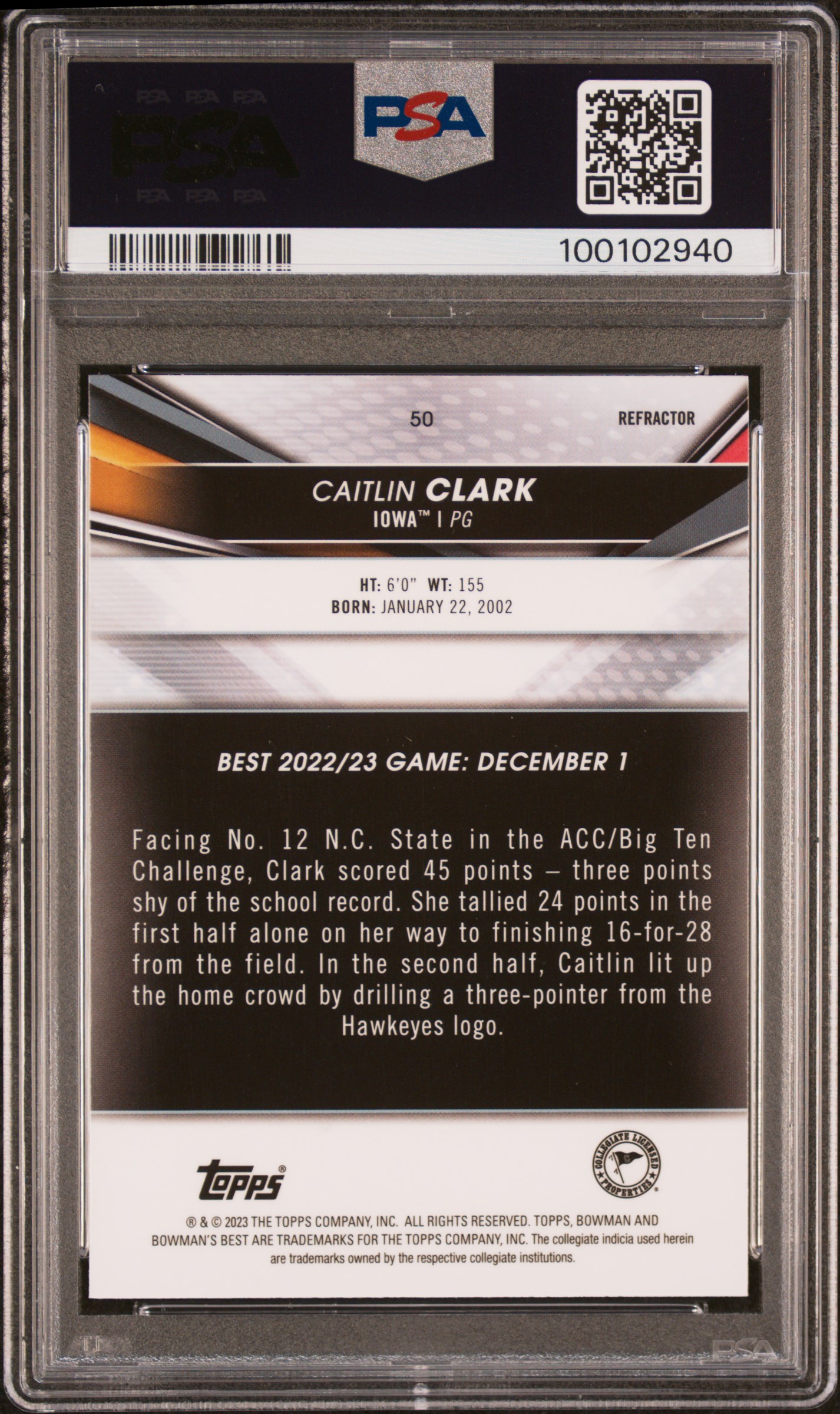 2022 Bowman University Best Caitlin Clark #50 (Refractor) Gem Mt 10 back