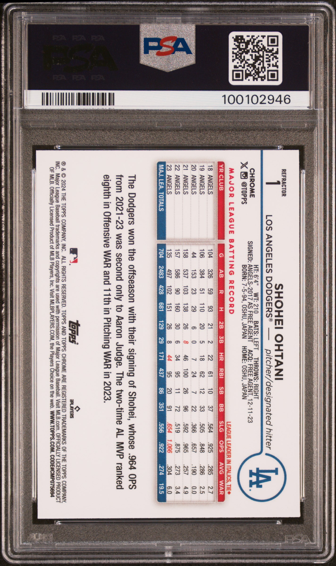 2024 Topps Chrome Shohei Ohtani #1 (Refractor) Gem Mt 10 back