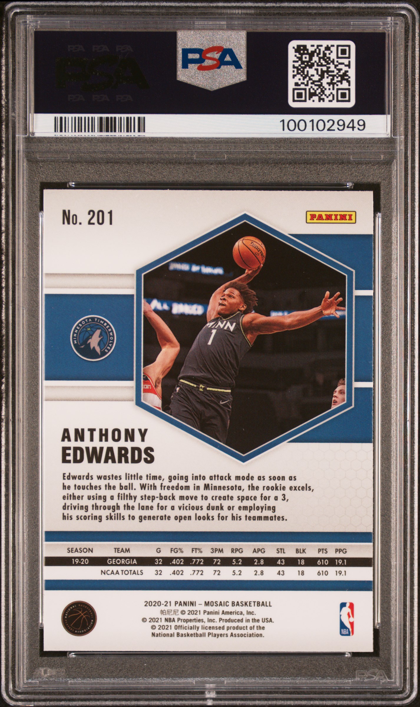 2020 Panini Mosaic Anthony Edwards #201 (Silver) Mint 9 back