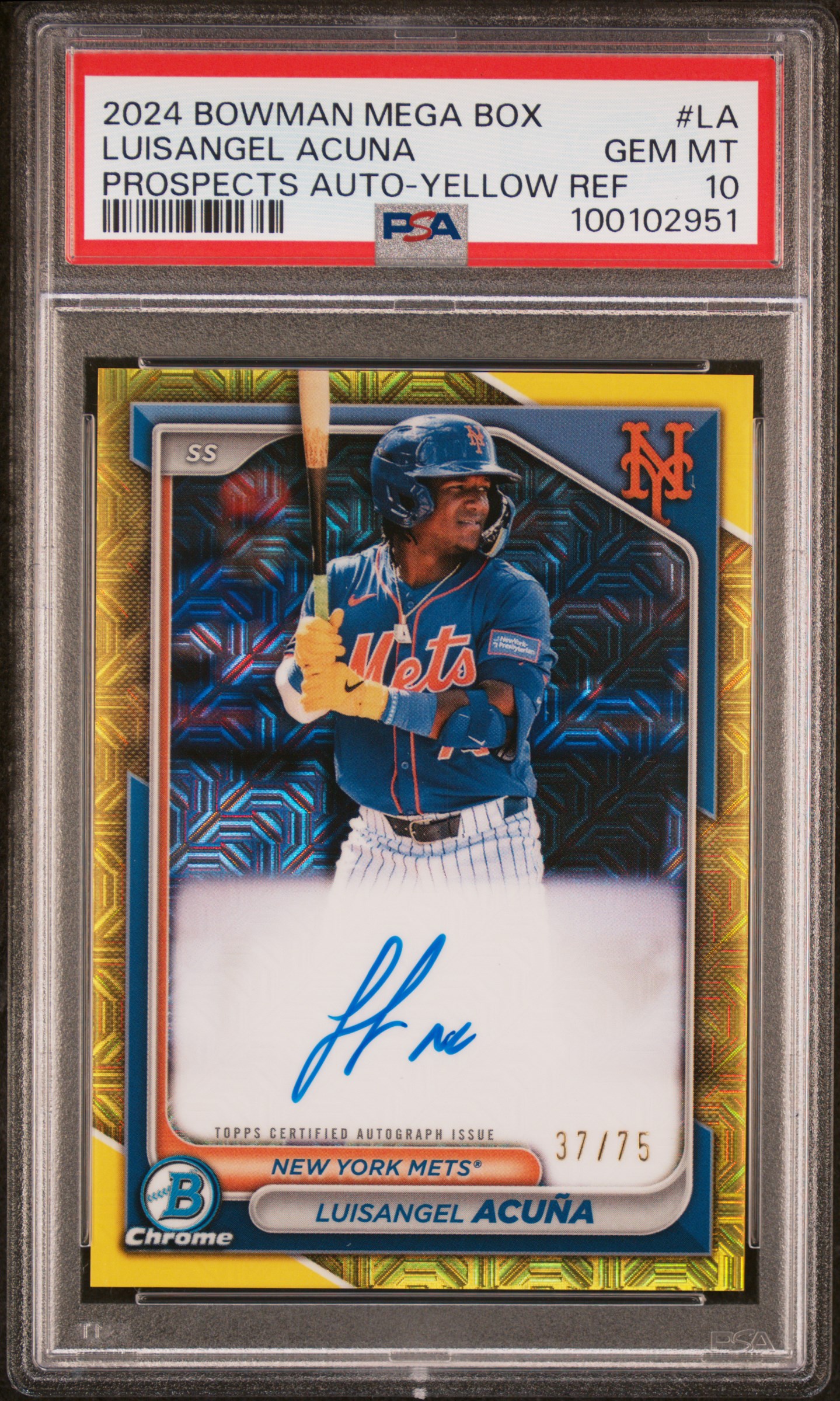 2024 Bowman Mega Box Chrome Bowman Prospect Mega Autographs Luisangel Acuna #La (Prospects Auto-Yellow Ref) Gem Mt 10 front