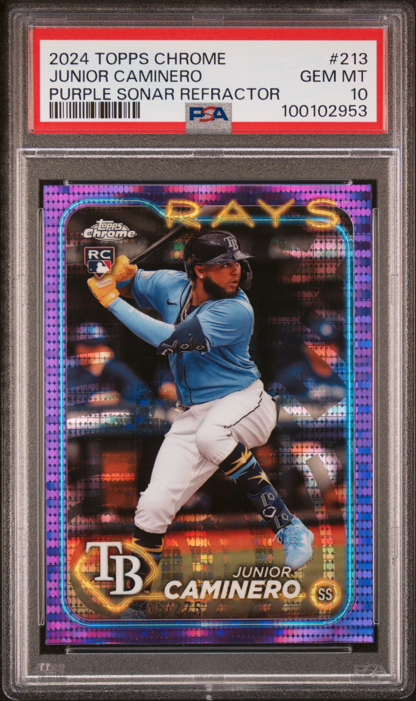 2024 Topps Chrome Junior Caminero #213 (Purple Sonar Refractor) Gem Mt 10 front