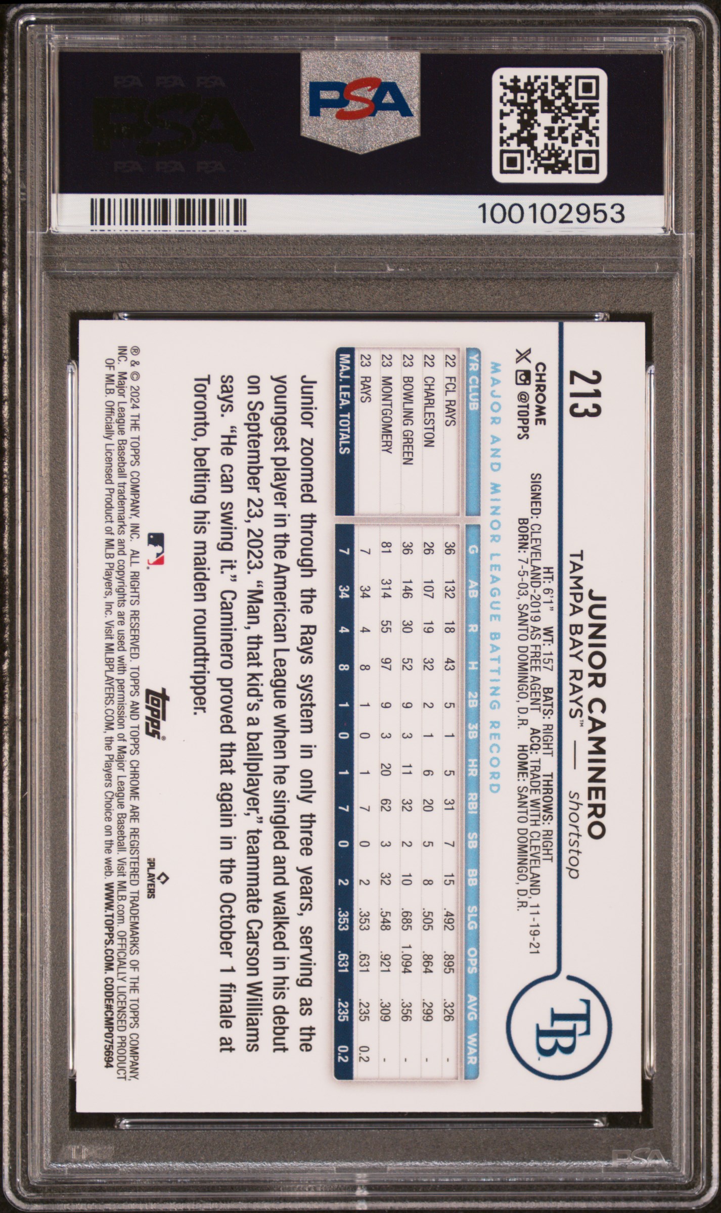 2024 Topps Chrome Junior Caminero #213 (Purple Sonar Refractor) Gem Mt 10 back