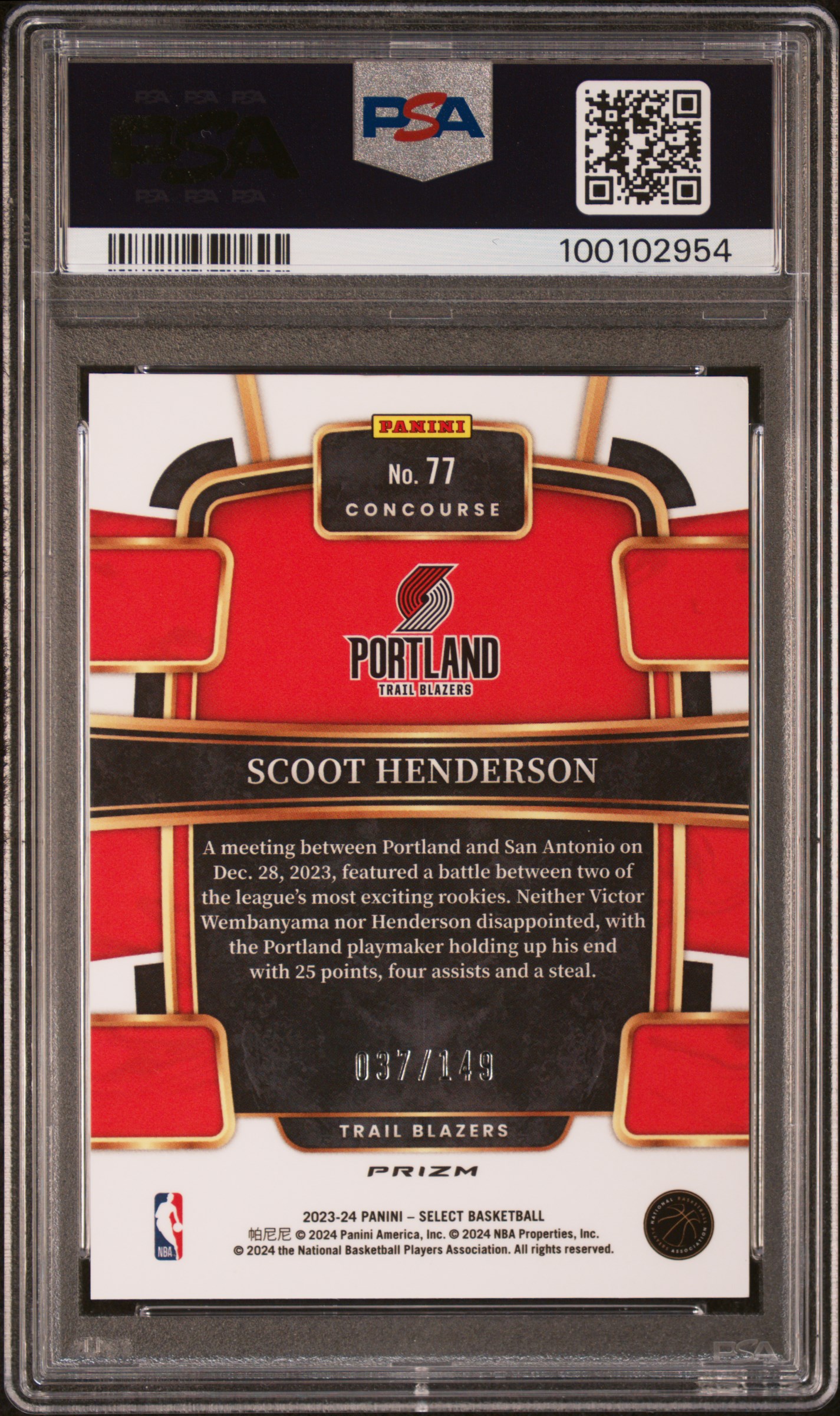 2023 Panini Select Scoot Henderson #77 (White Prizm) Gem Mt 10 back