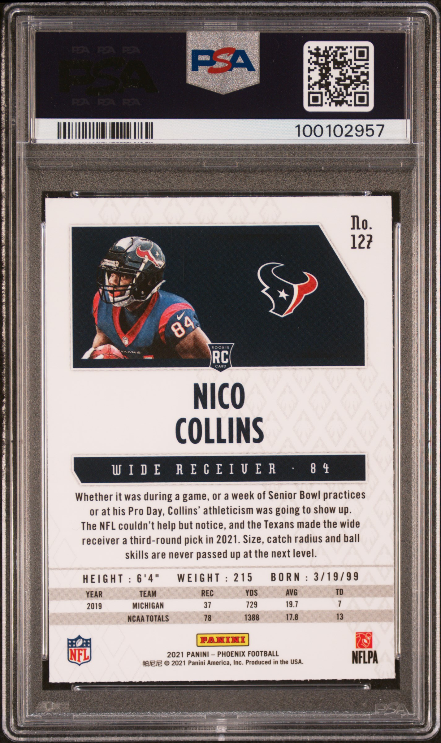 2021 Panini Phoenix Nico Collins #127 (Celestial) Mint 9 back