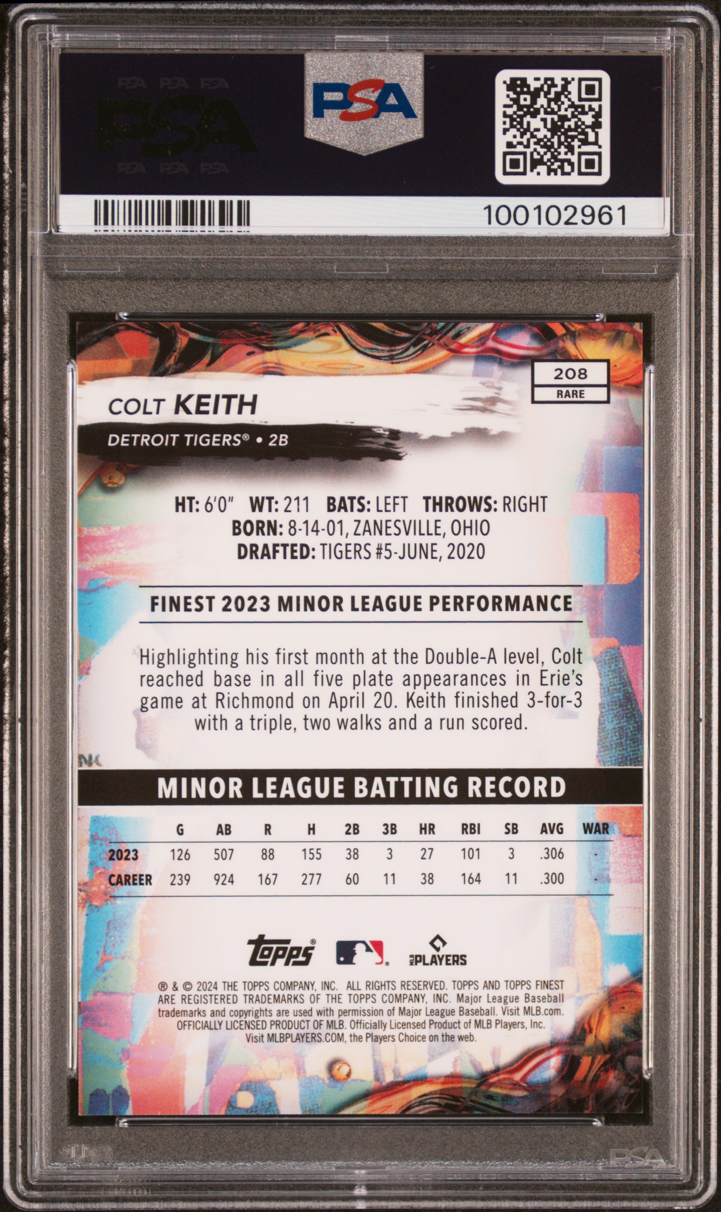 2024 Topps Finest Colt Keith #208 (Blue Refractor) Mint 9 back