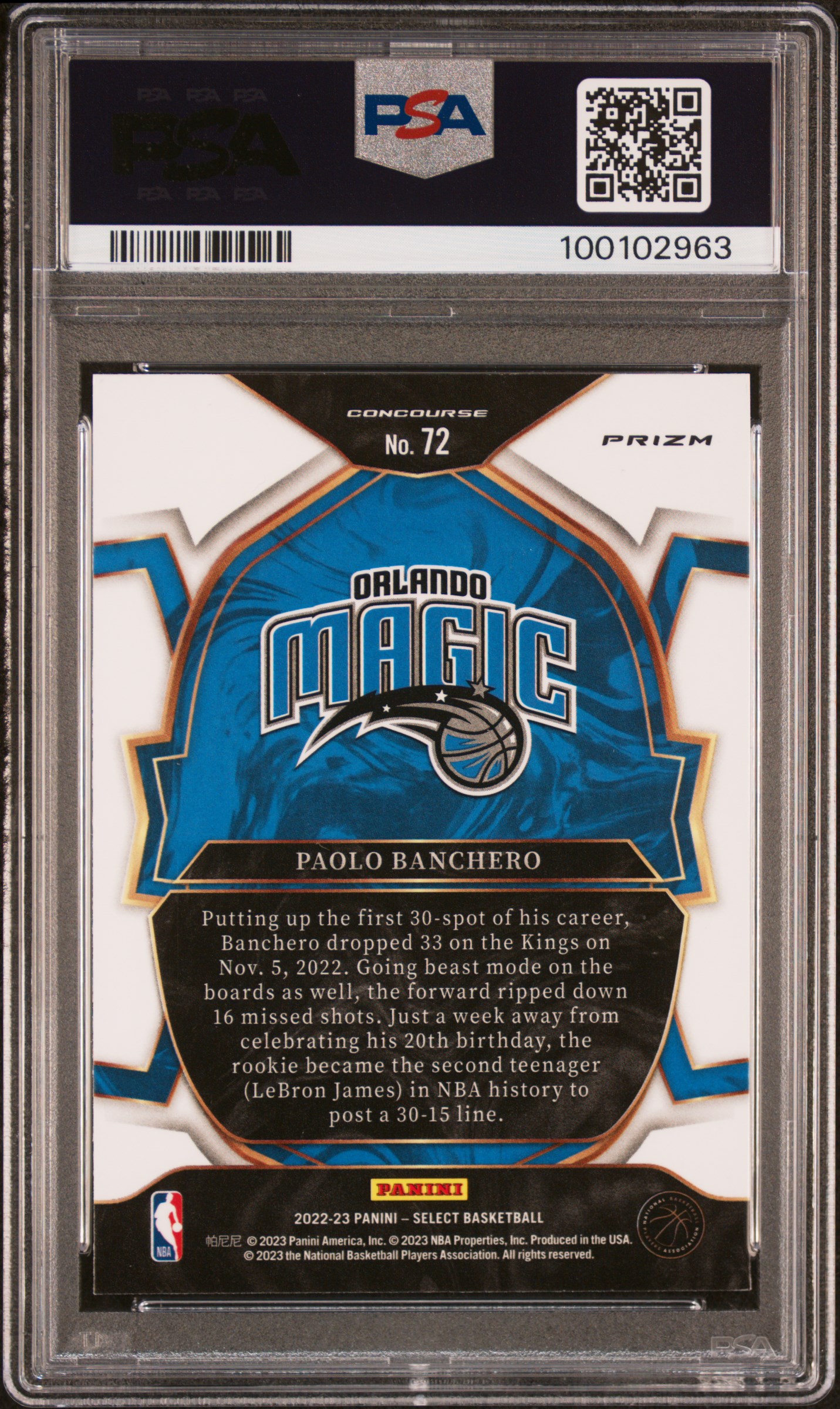 2022 Panini Select Paolo Banchero #72 (Orange Flash) Gem Mt 10 back