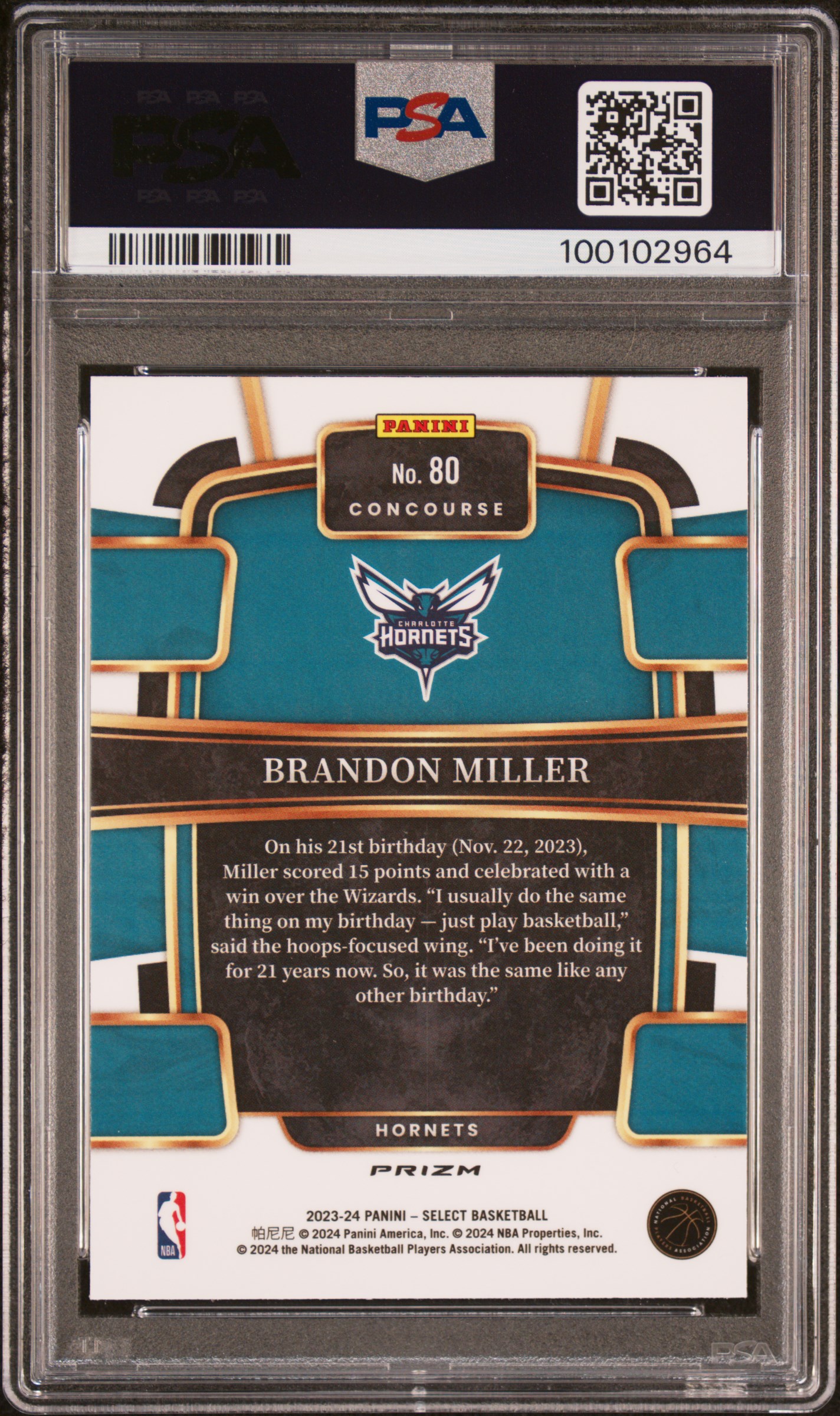 2023 Panini Select Brandon Miller #80 (Blue Prizm) Gem Mt 10 back