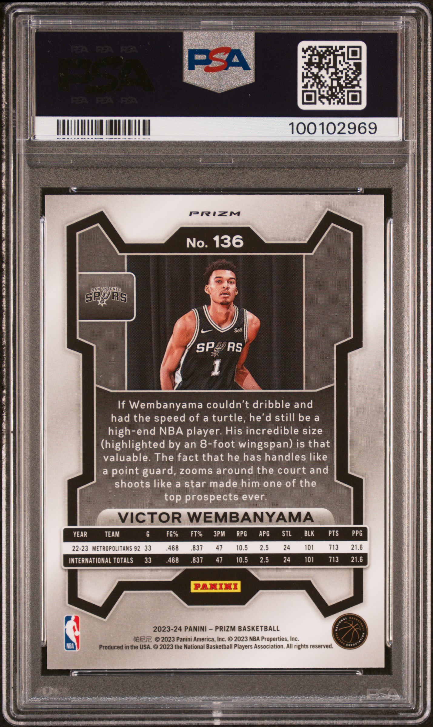 2023 Panini Prizm Victor Wembanyama #136 (Pink Ice) Gem Mt 10 back