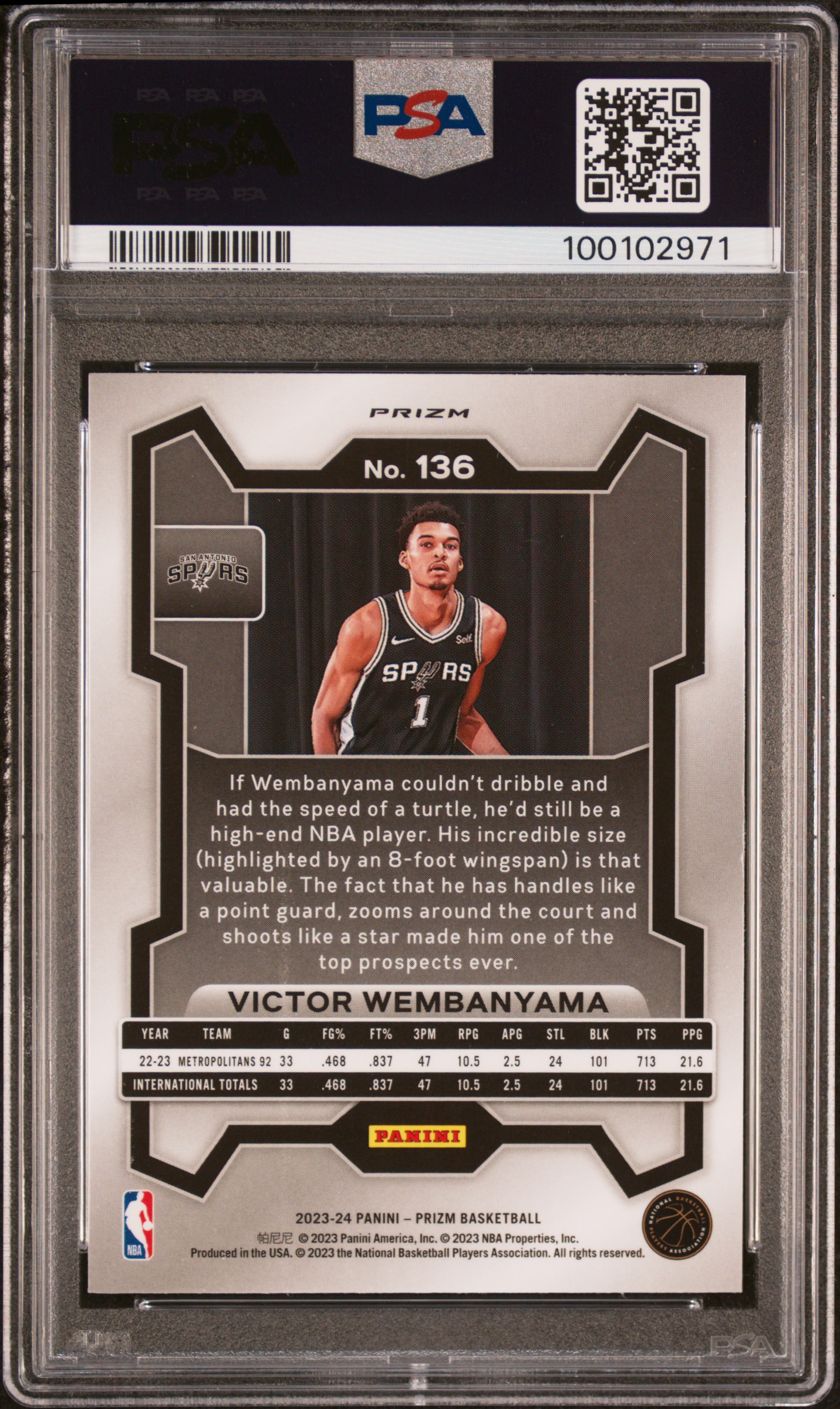 2023 Panini Prizm Victor Wembanyama #136 (Pink Ice) Gem Mt 10 back