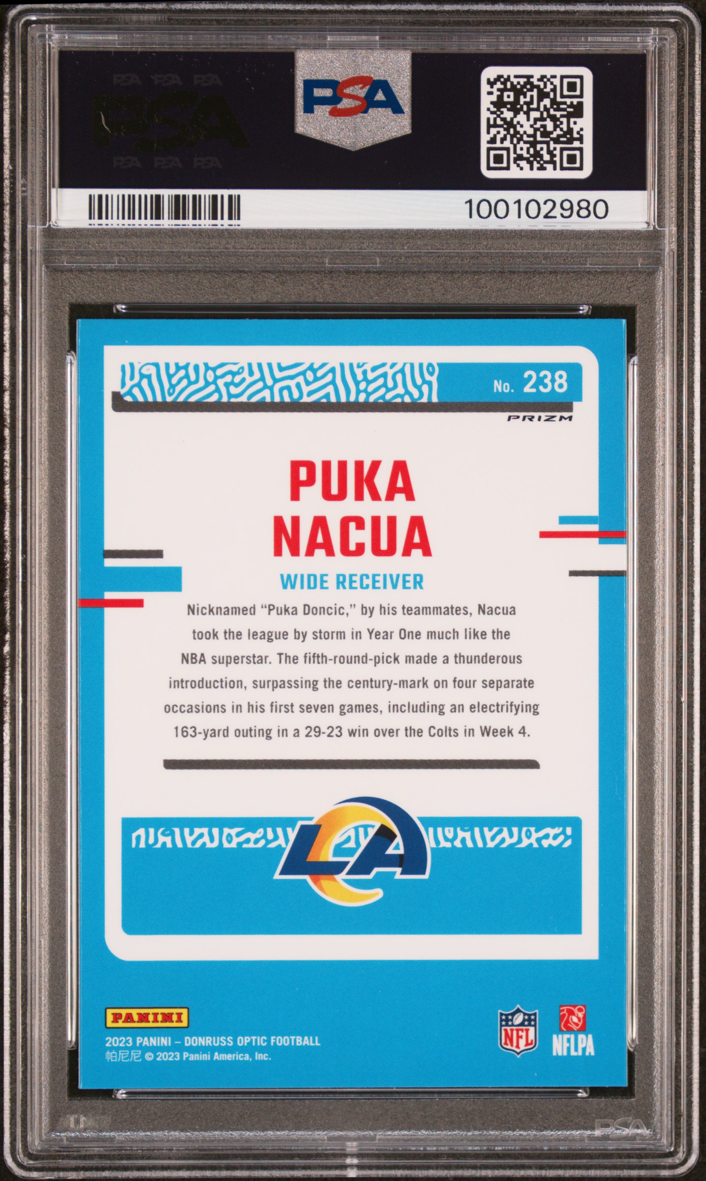 2023 Panini Donruss Optic Puka Nacua #238 (Blue Glitter) Gem Mt 10 back