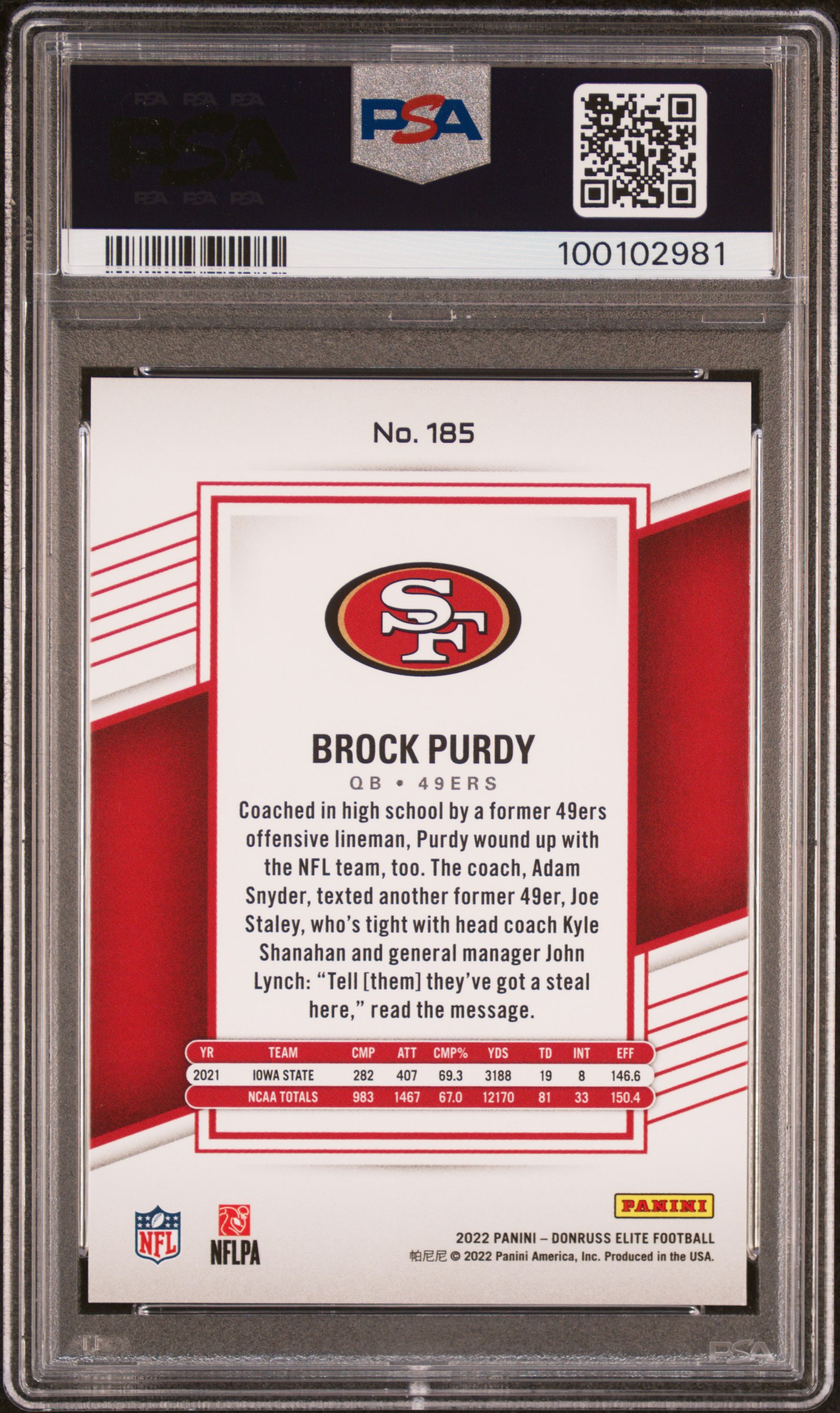 2022 Panini Donruss Elite Brock Purdy #185 (Red) Mint 9 back