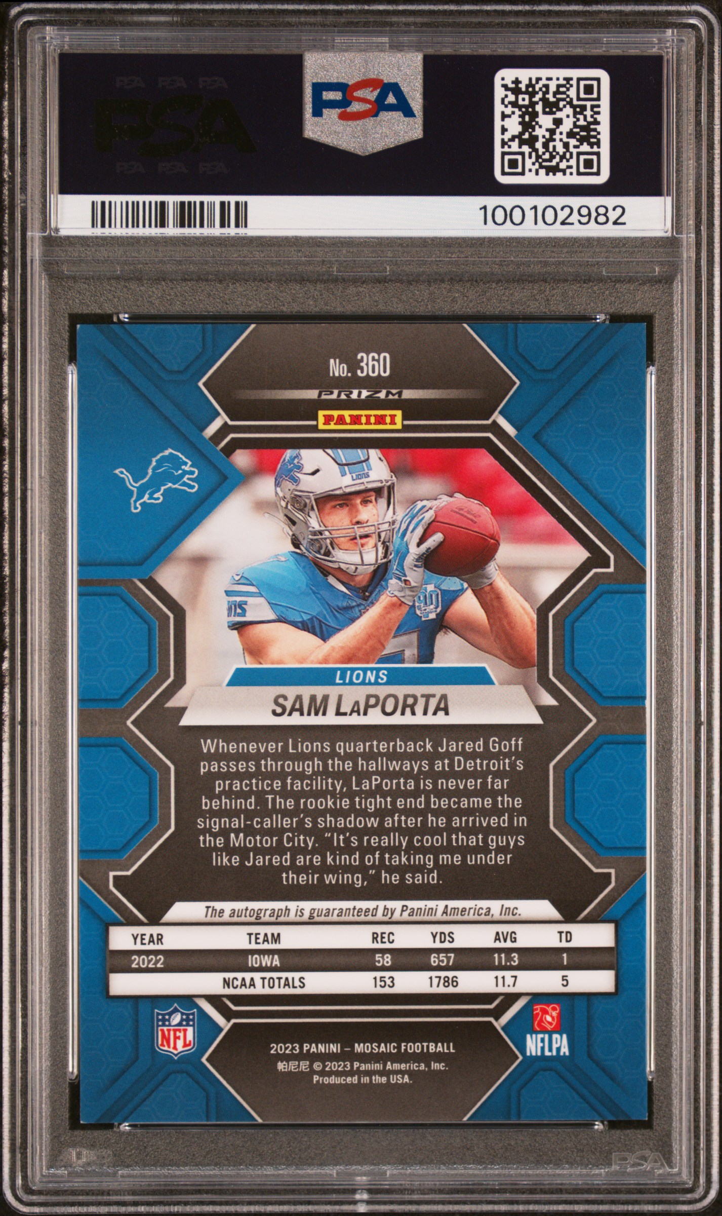 2023 Panini Mosaic Sam Laporta #360 (Autograph) Mint 9 back