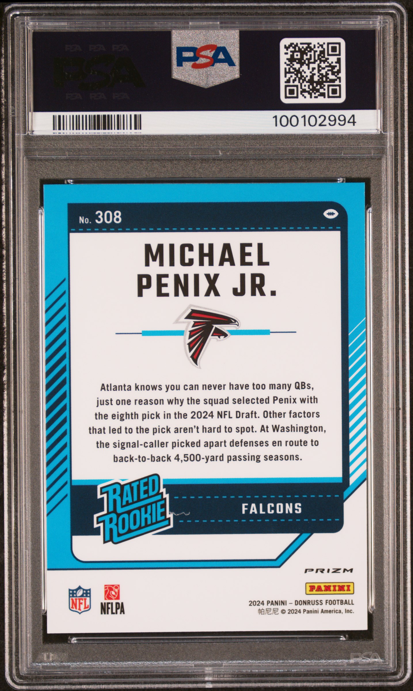 2024 Panini Donruss Michael Penix Jr. #308 (Optic Preview-Red Pandora) Mint 9 back