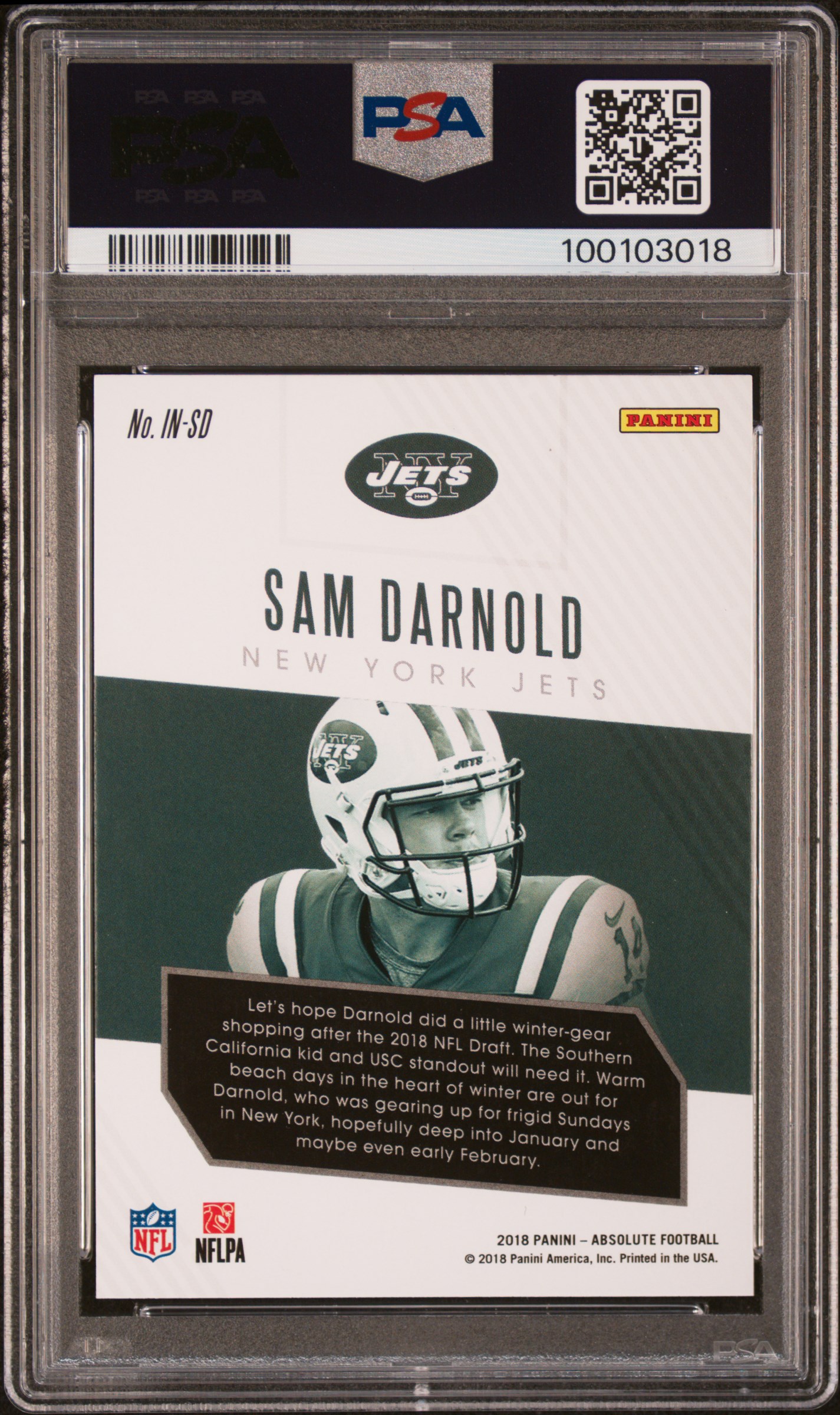 2018 Panini Absolute Introductions Sam Darnold #Sd (Intro.-Spectrum Gold) Gem Mt 10 back