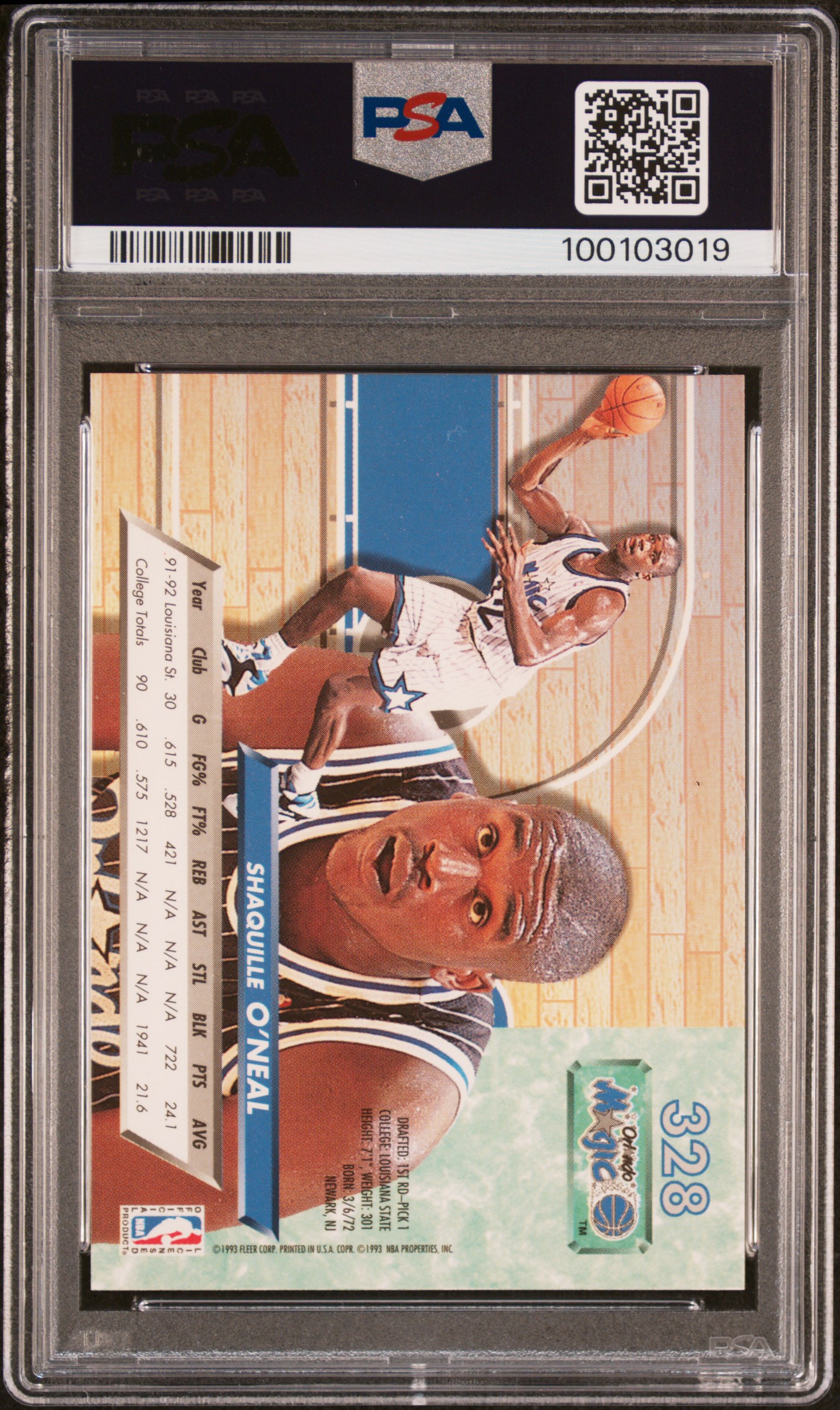 1992 Ultra Shaquille O'neal #328 Gem Mt 10 back