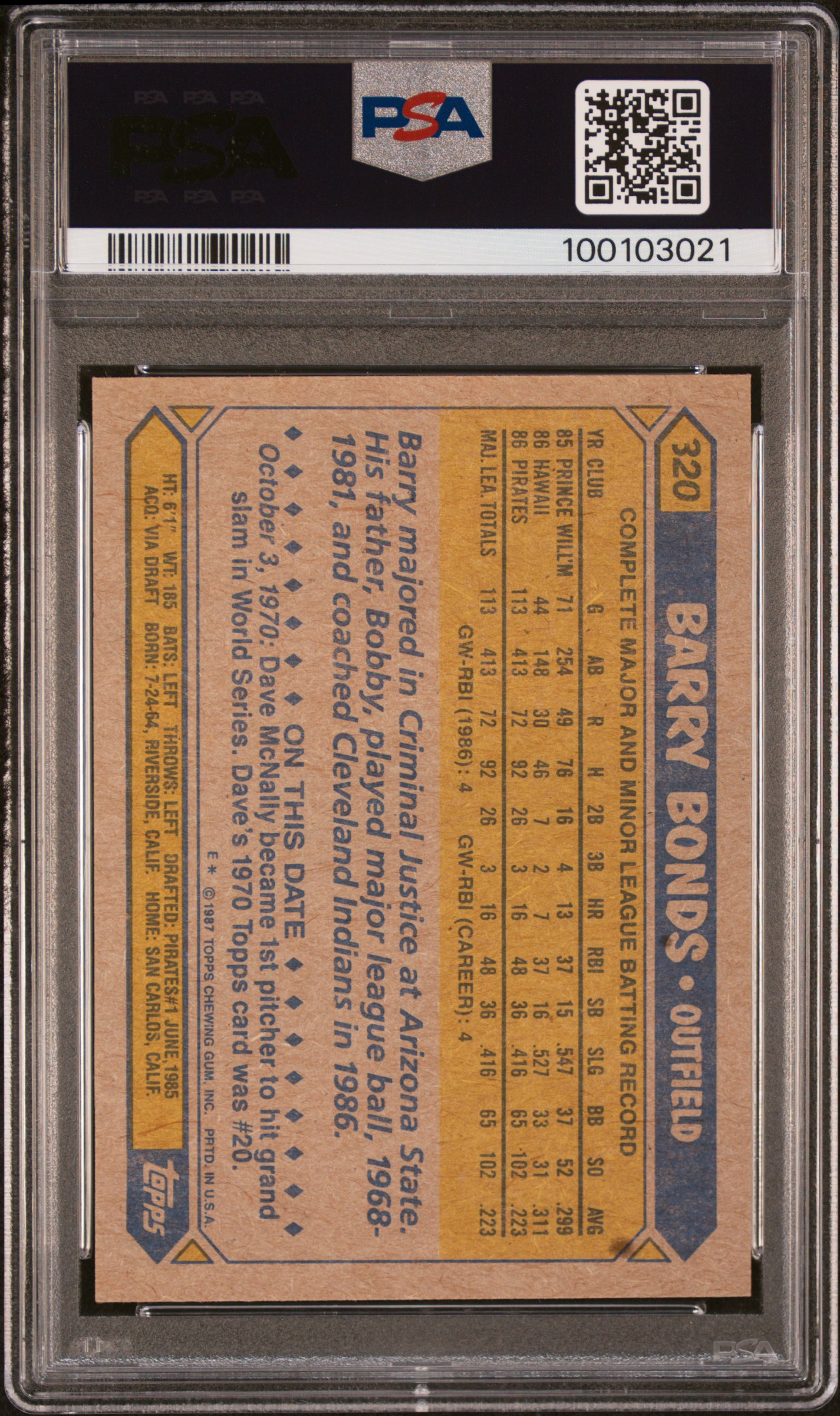 1987 Topps Barry Bonds #320 Ex 5 back