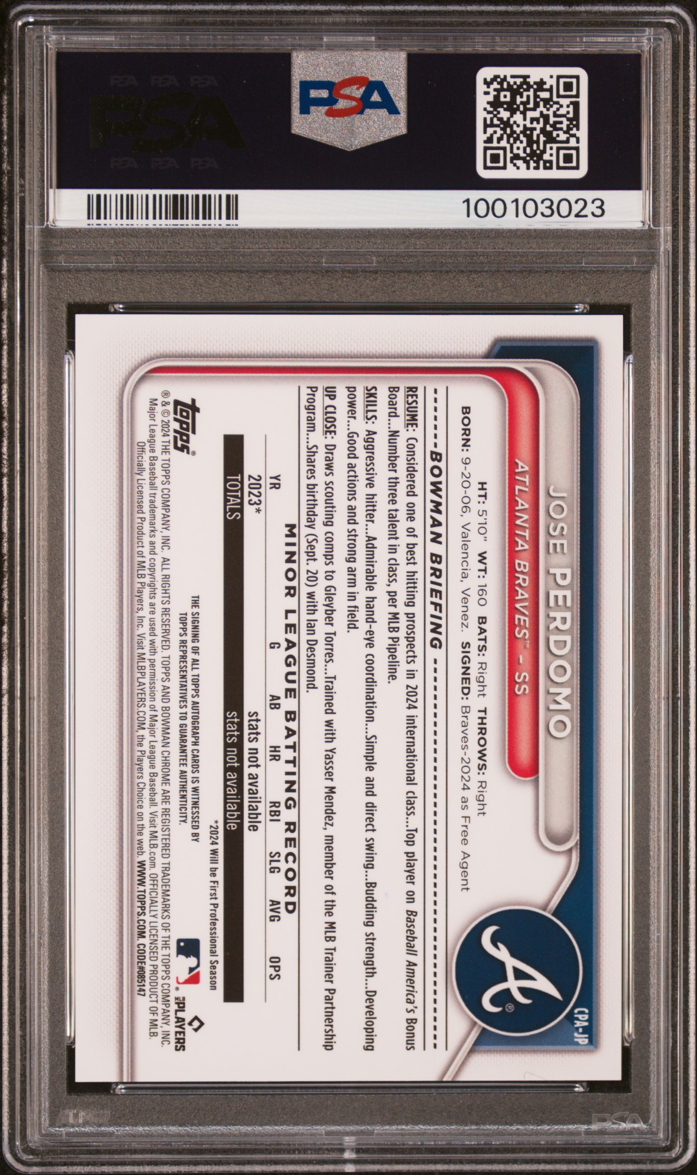 2024 Bowman Chrome Prospect Autographs Jose Perdomo #Cpajp (Prospect Autograph) Mint 9 back