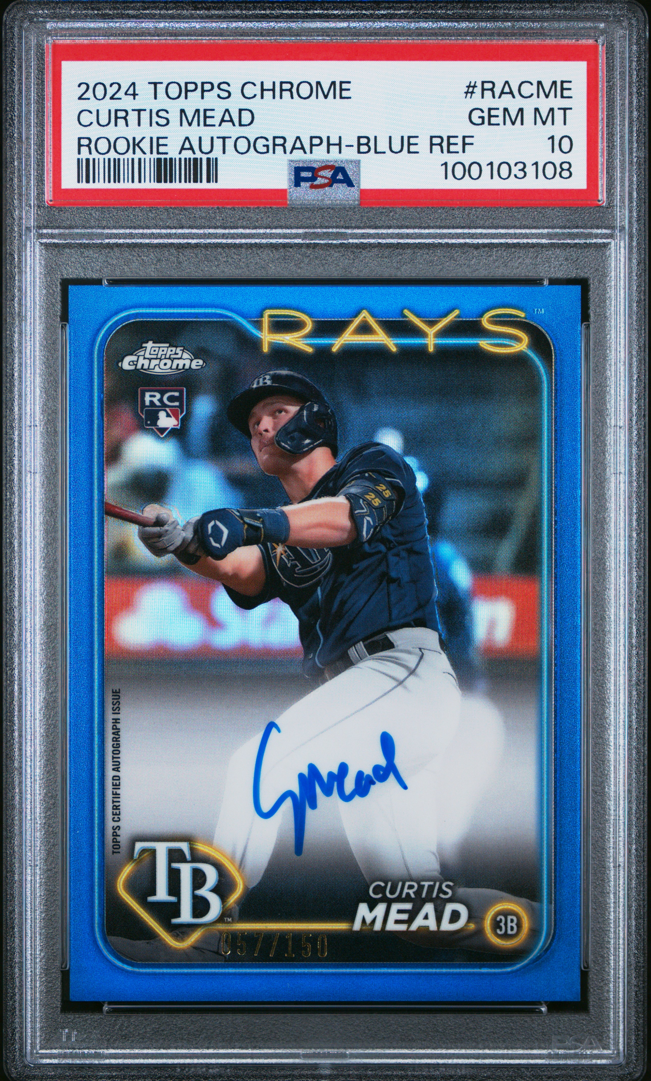 2024 Topps Chrome Rookie Autographs Curtis Mead #Racme (Rookie Autograph-Blue Ref) Gem Mt 10 front