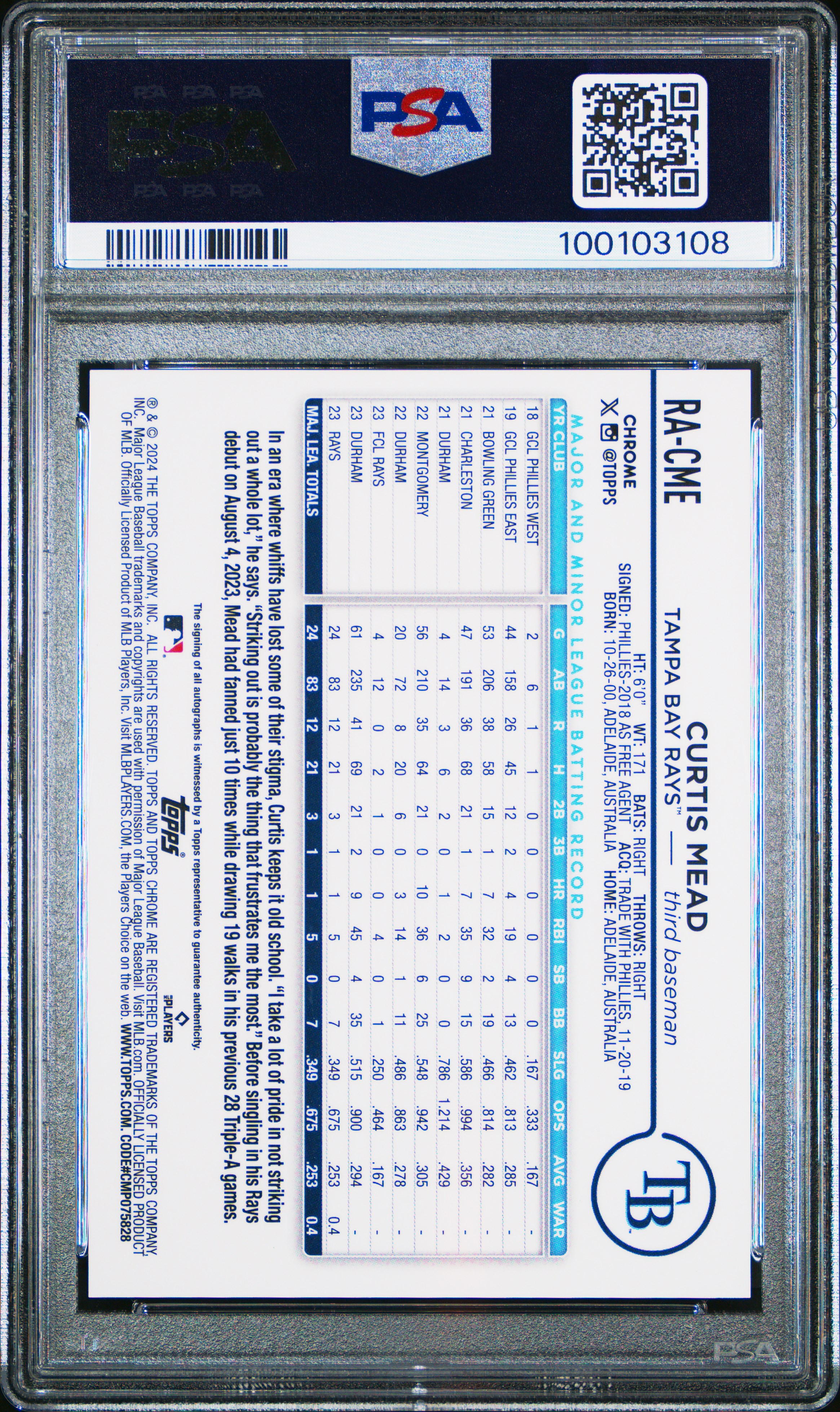 2024 Topps Chrome Rookie Autographs Curtis Mead #Racme (Rookie Autograph-Blue Ref) Gem Mt 10 back