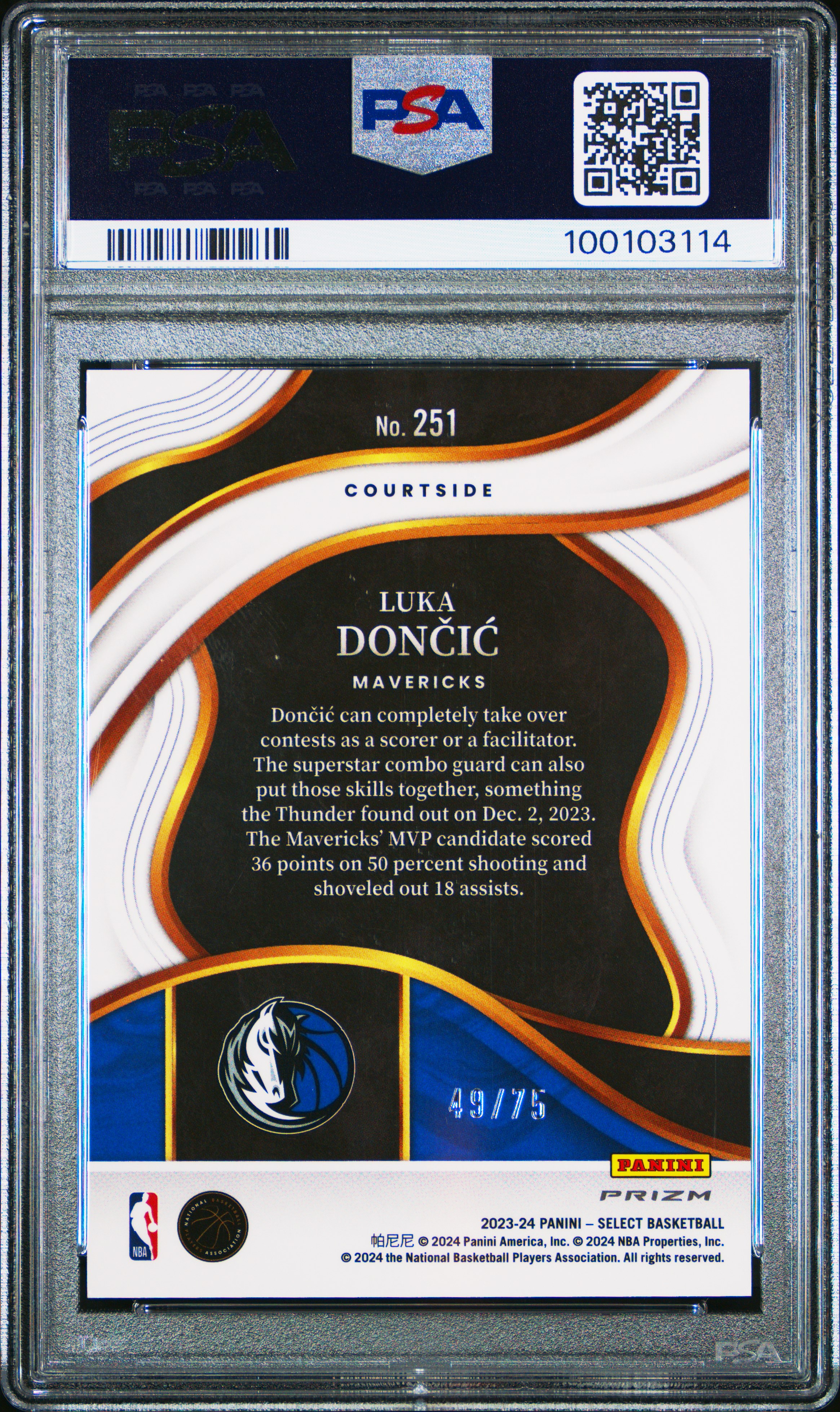 2023 Panini Select Luka Doncic #251 (White Disco) Gem Mt 10 back