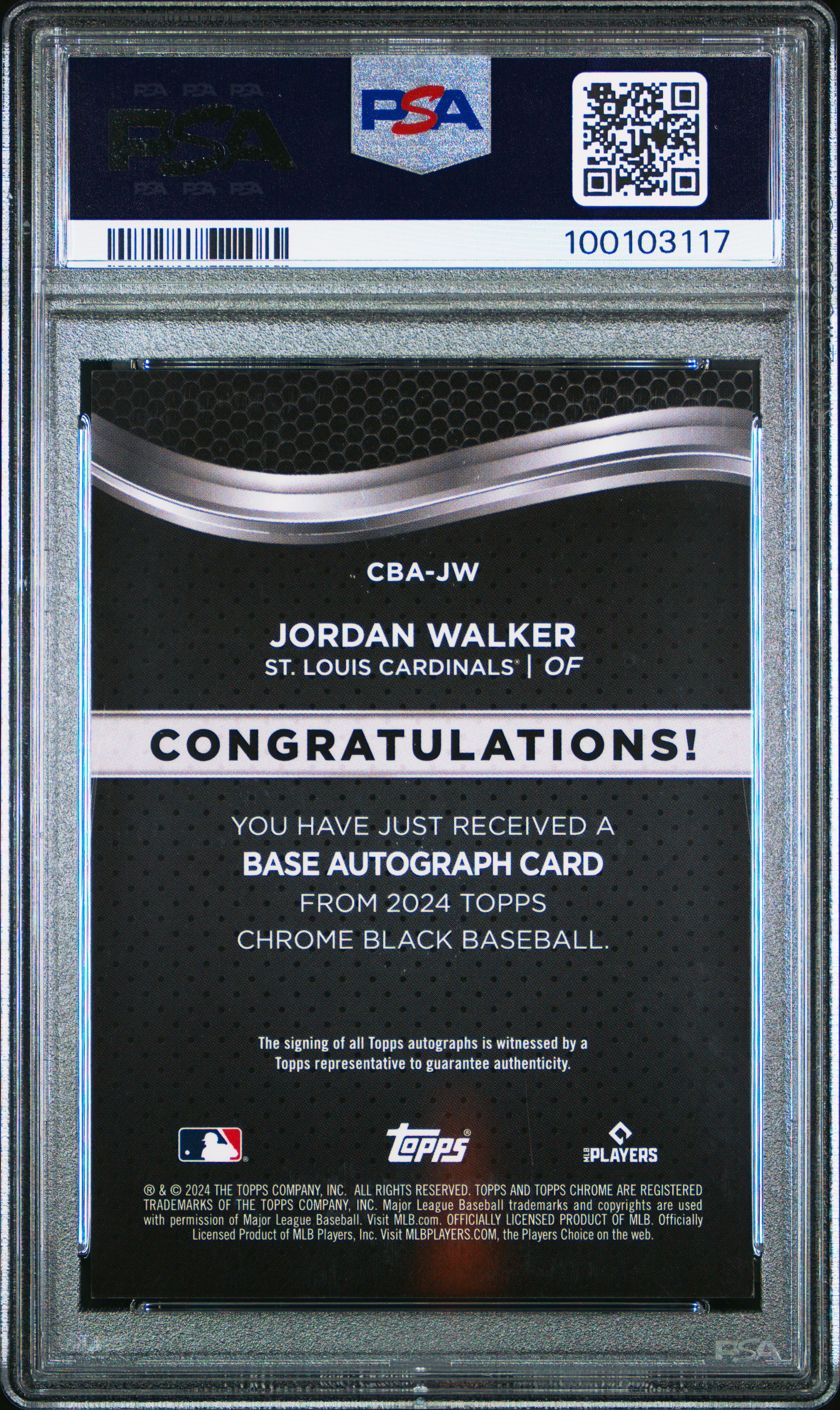 2024 Topps Chrome Black Autographs Jordan Walker #Jw (Auto-Orange Refractor) Gem Mt 10 back