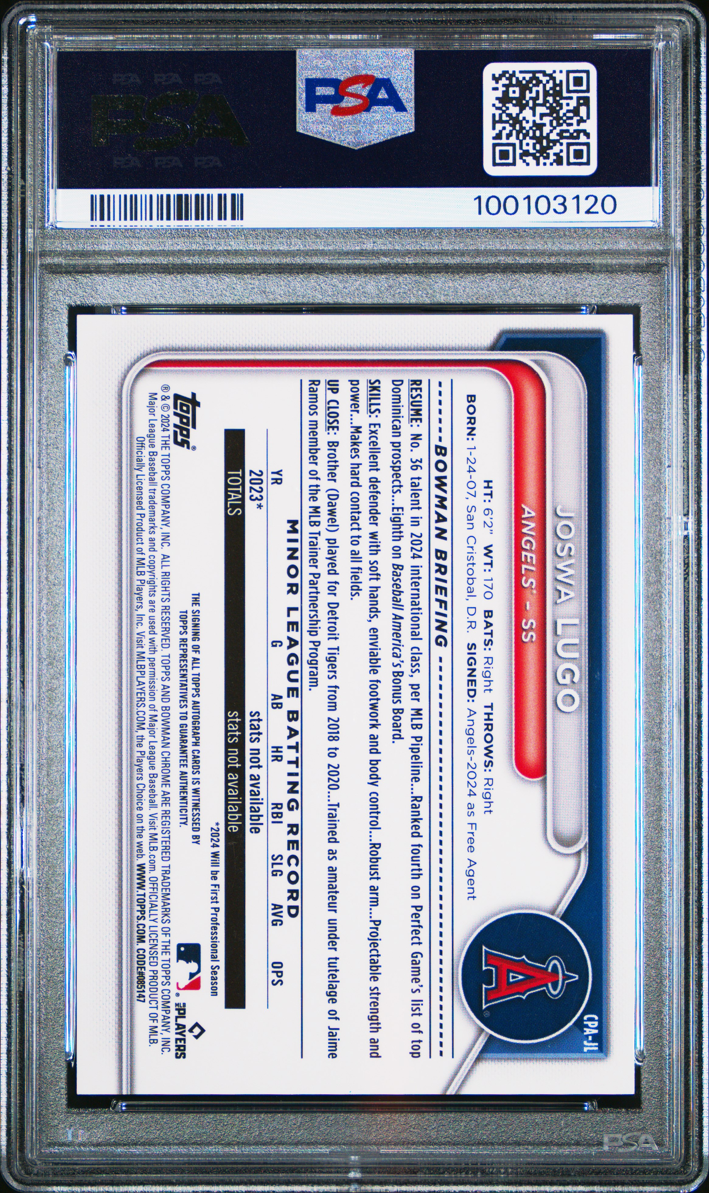 2024 Bowman Chrome Prospect Autographs Joswa Lugo #Cpajl (Prospect Auto-Blue Ref) Gem Mt 10 back