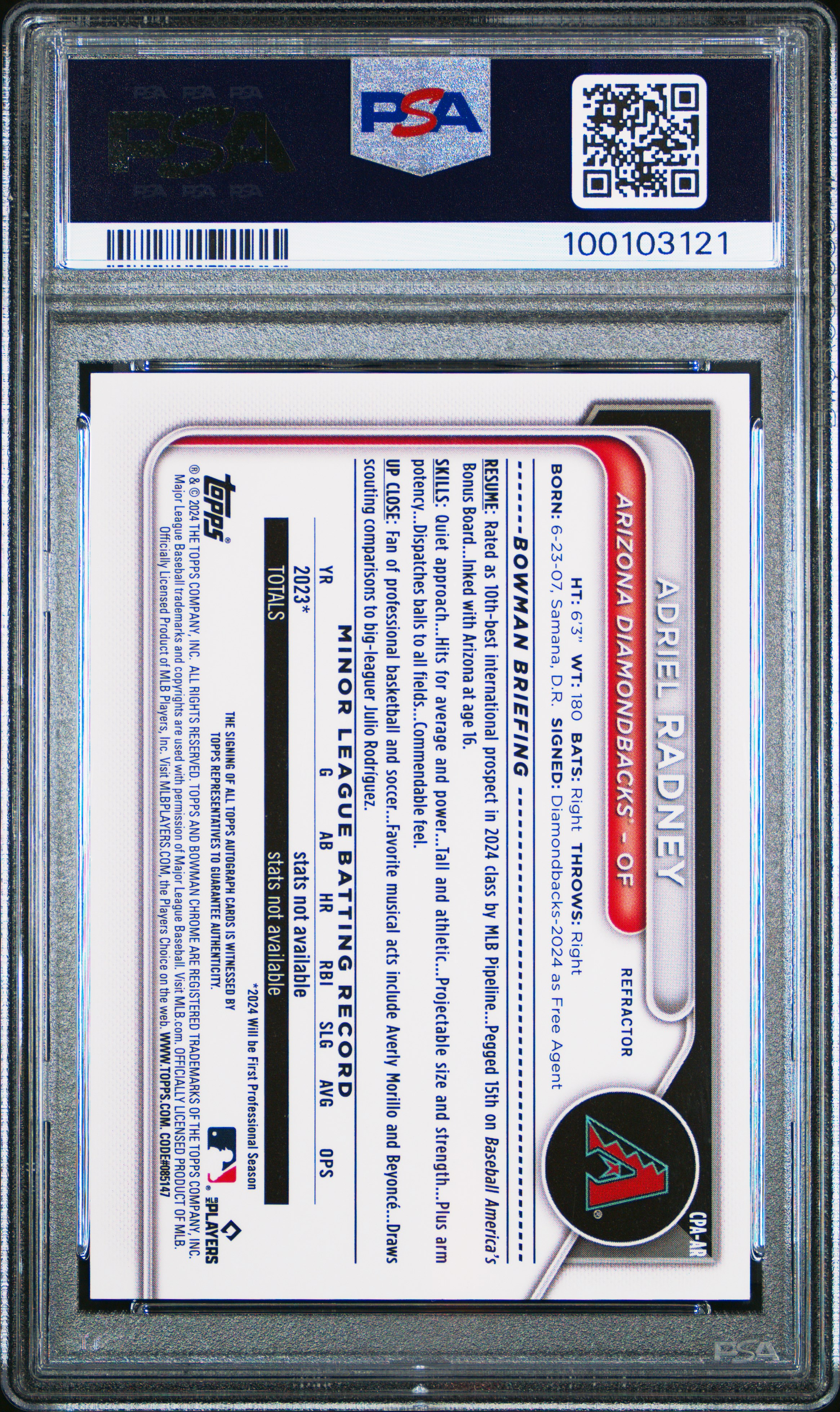 2024 Bowman Chrome Prospect Autographs Adriel Radney #Cpaar (Prospect Auto-Refractor) Mint 9 back