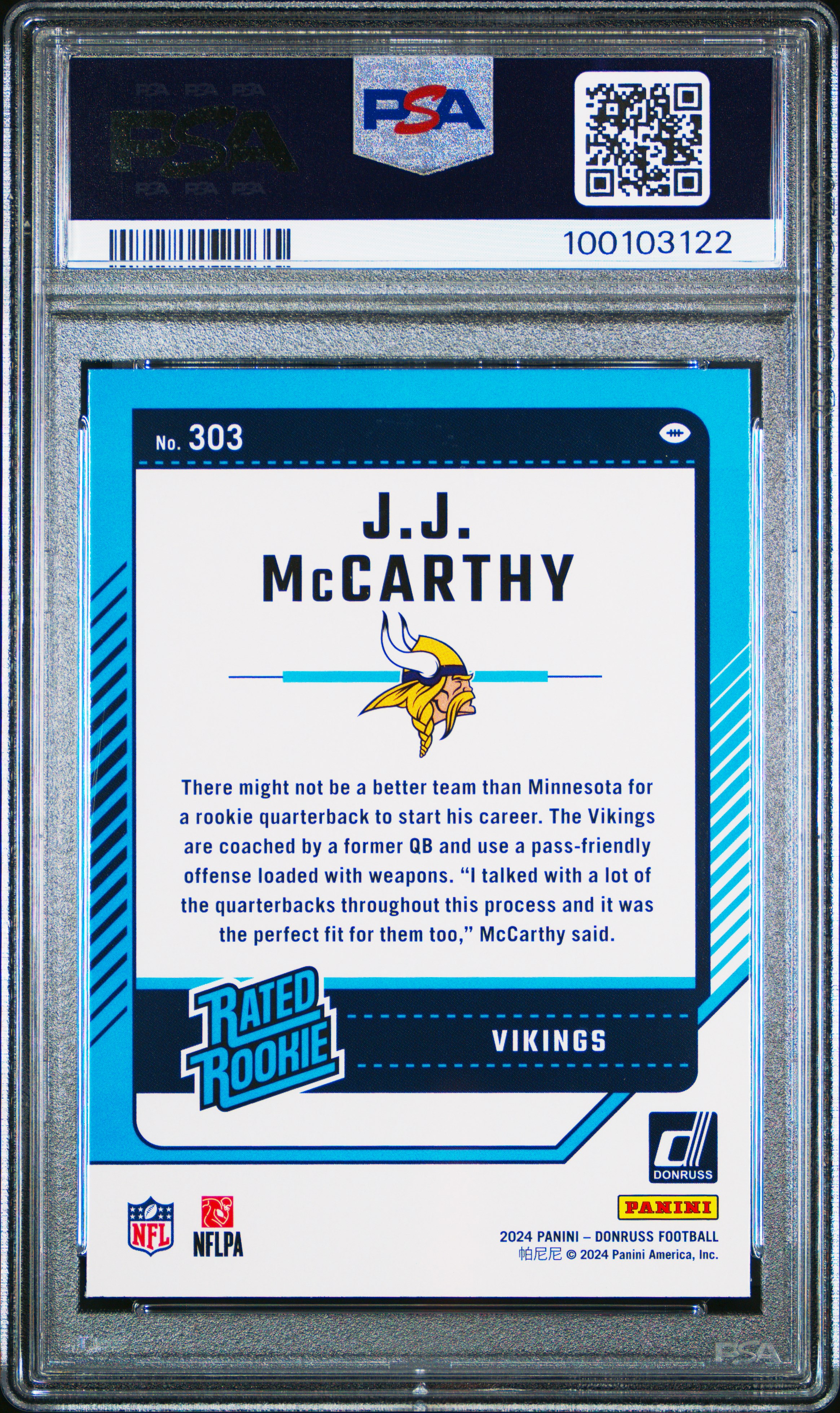 2024 Panini Donruss Jj Mccarthy #303 Gem Mt 10 back