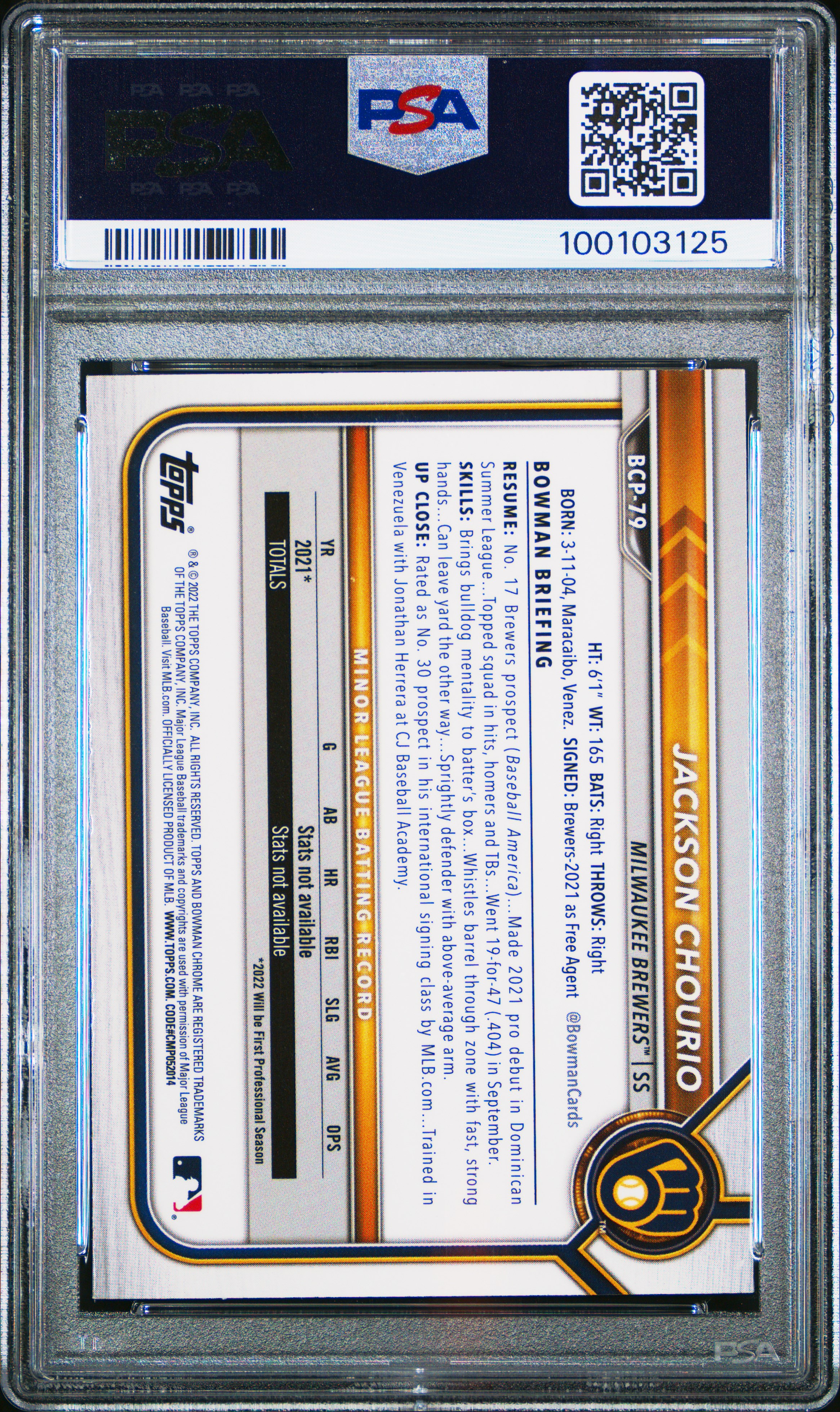 2022 Bowman Mega Box Chrome Jackson Chourio #79 (Chrome) Gem Mt 10 back