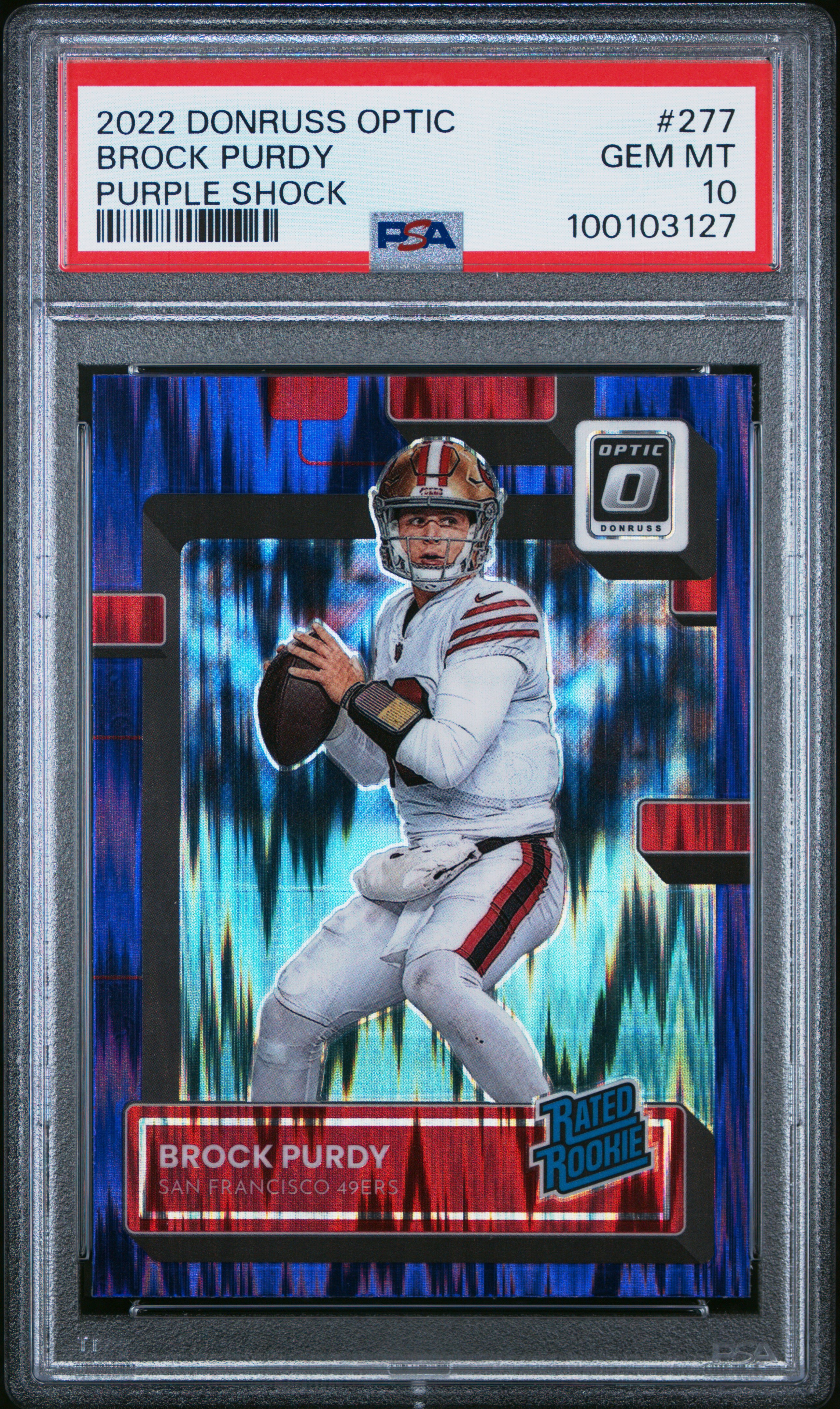 2022 Panini Donruss Optic Brock Purdy #277 (Purple Shock) Gem Mt 10 front