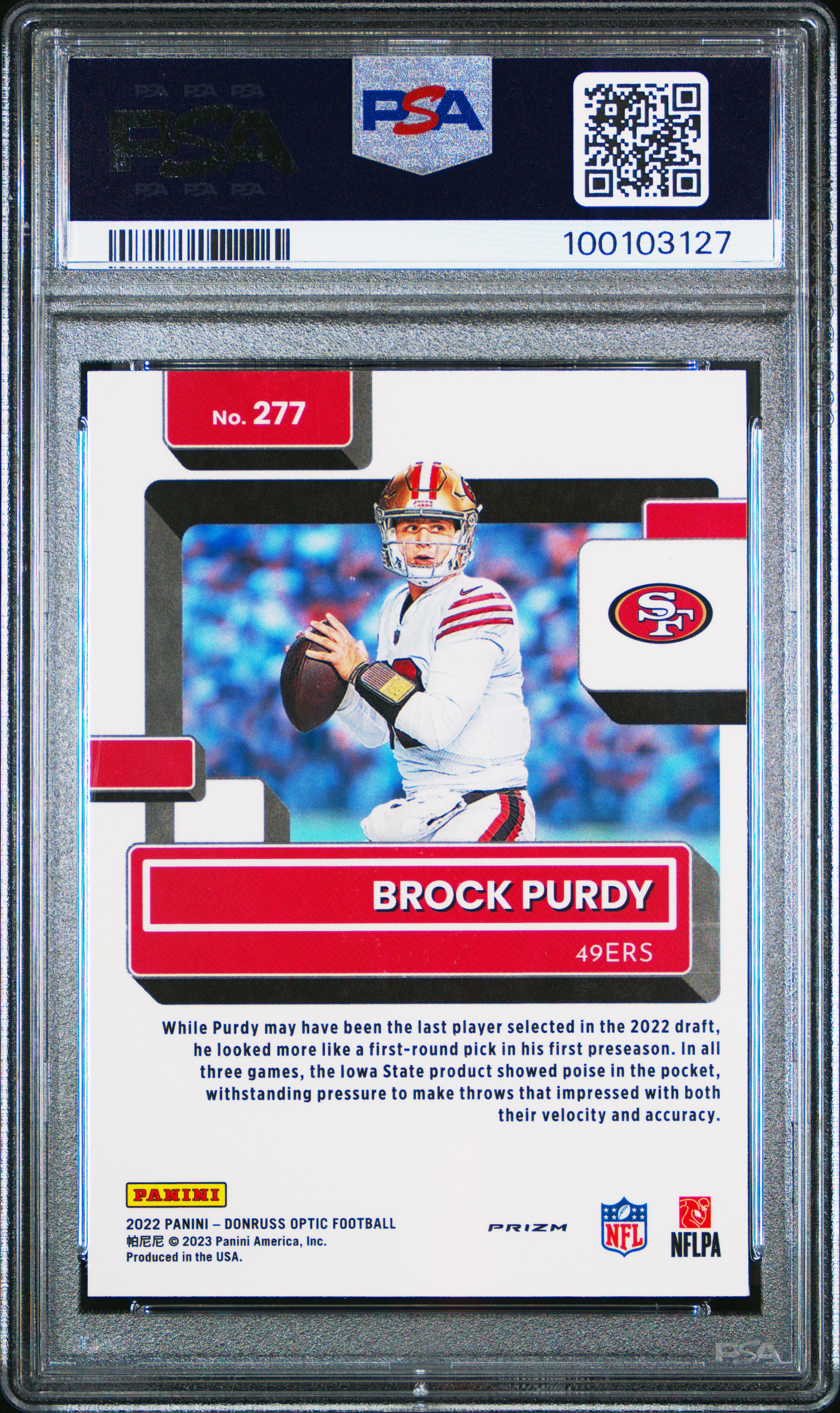 2022 Panini Donruss Optic Brock Purdy #277 (Purple Shock) Gem Mt 10 back