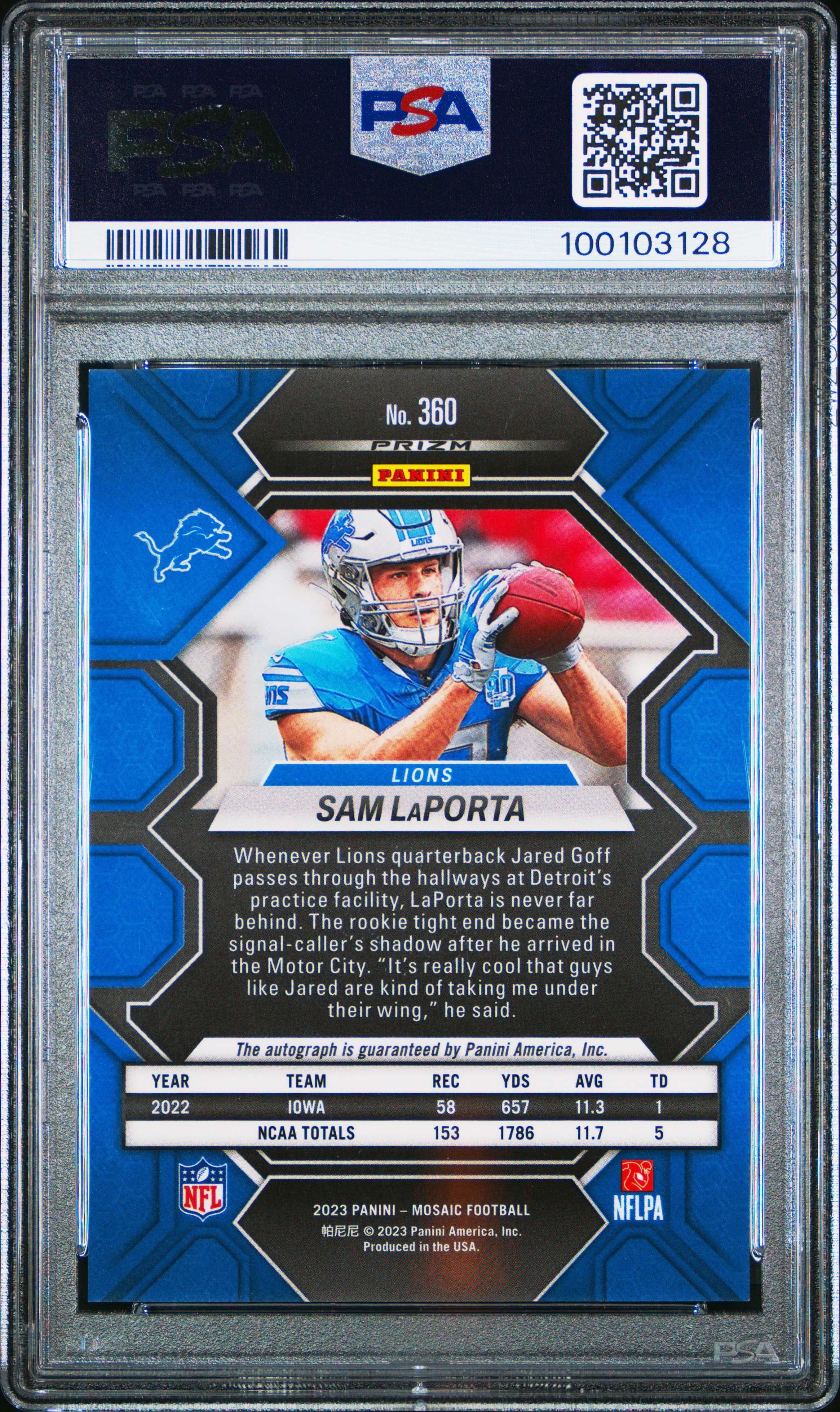 2023 Panini Mosaic Sam Laporta #360 (Autograph) Gem Mt 10 back