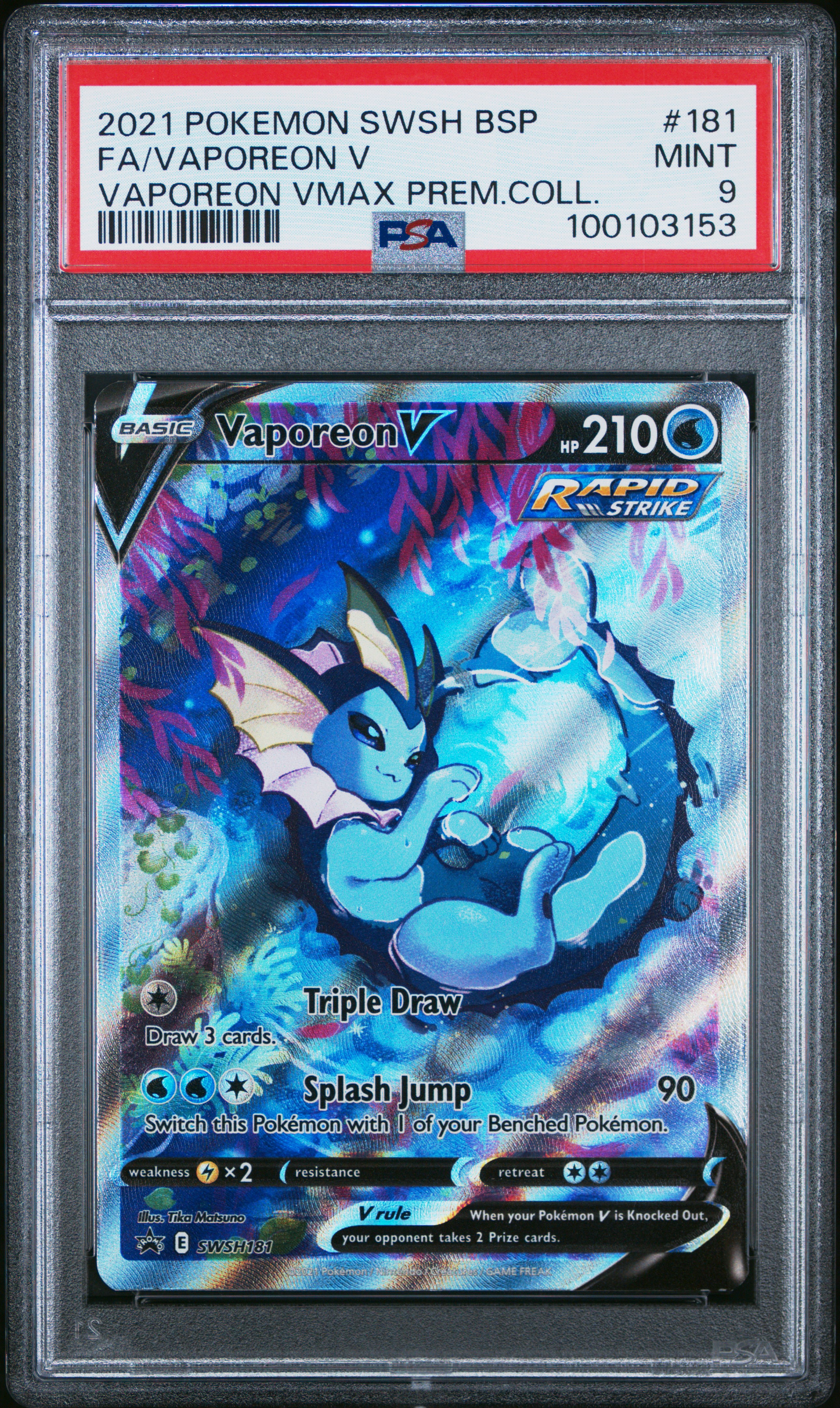 2021 Pokemon Swsh Black Star Promo Fa/Vaporeon V #181 (Vaporeon Vmax Prem.coll.) Mint 9 front