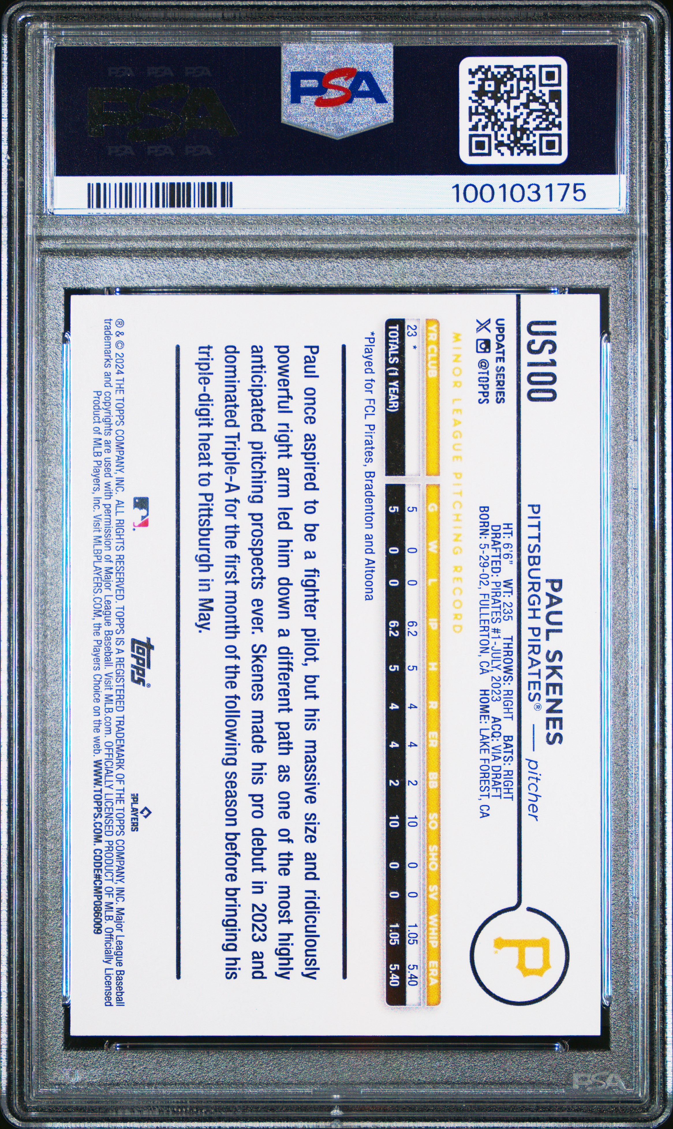2024 Topps Update Paul Skenes #Us100 Gem Mt 10 back